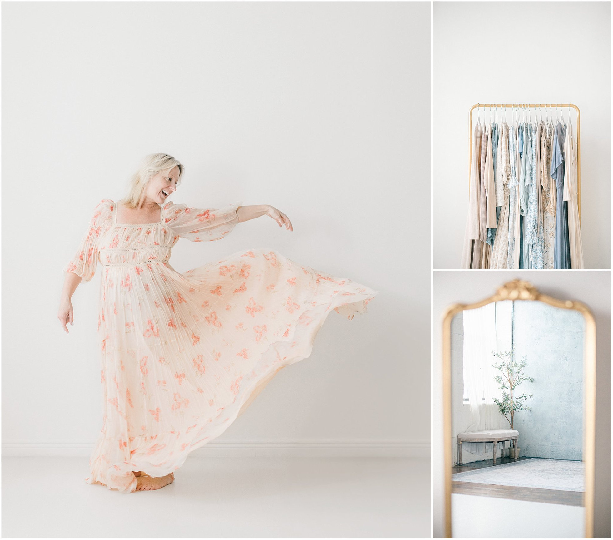 Woman in floral dress dancing; adjacent images show a clothing rack and a mirror.