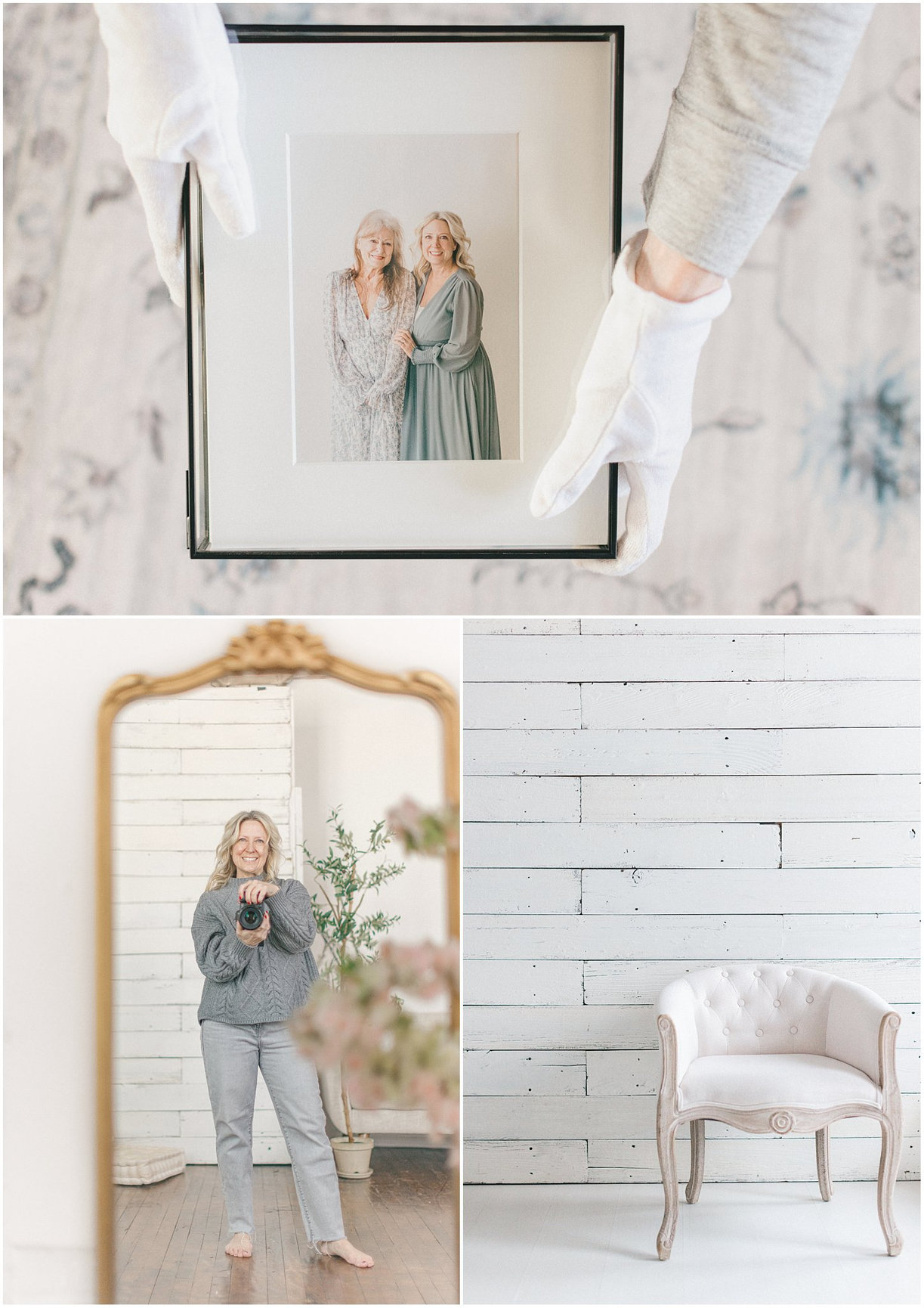 Gilded mirror selfie of a person in a cozy room, and a framed family photo being handled with white gloves.
