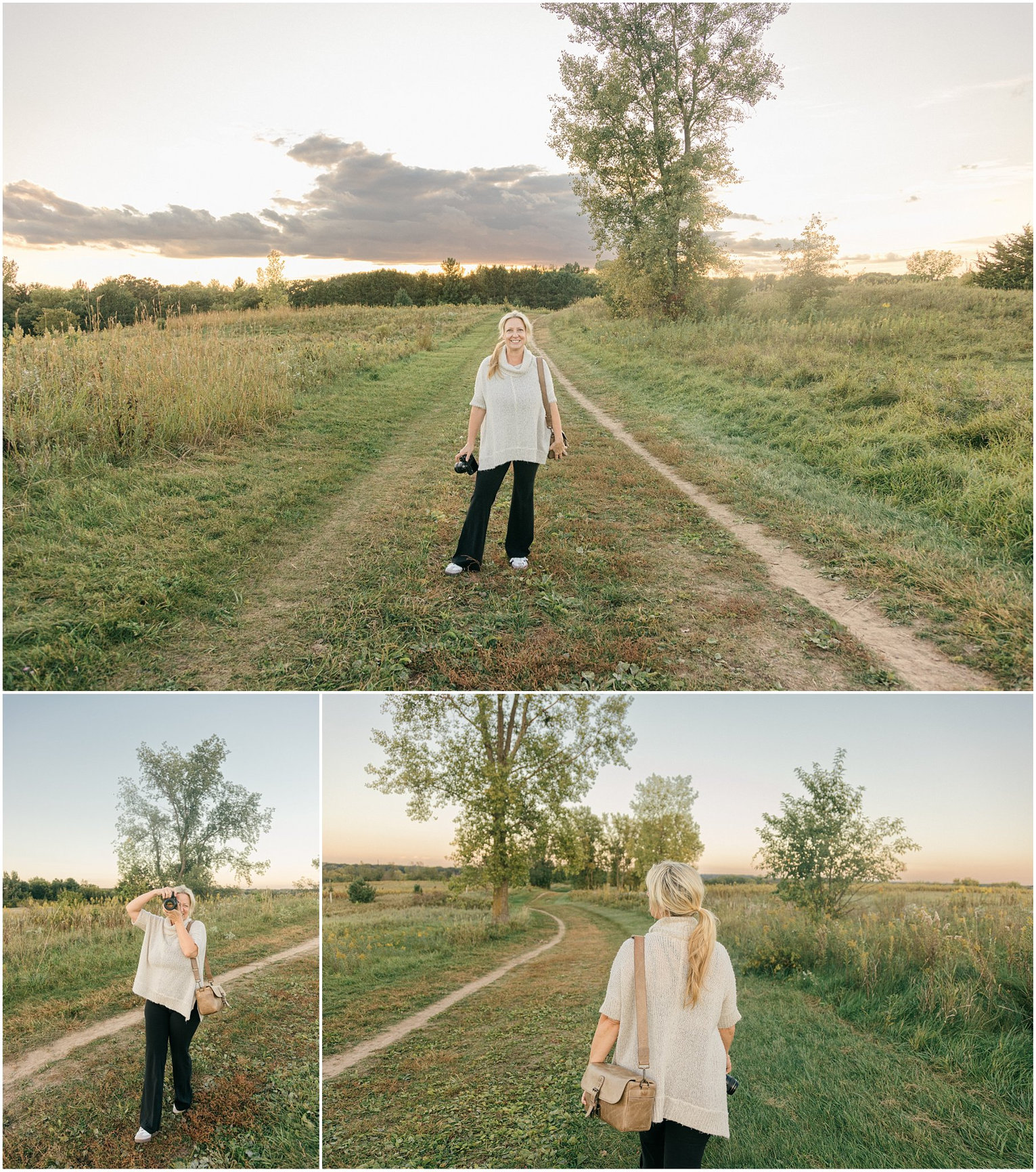 A person walks on a rural path surrounded by fields and trees under a cloudy sky at sunset.