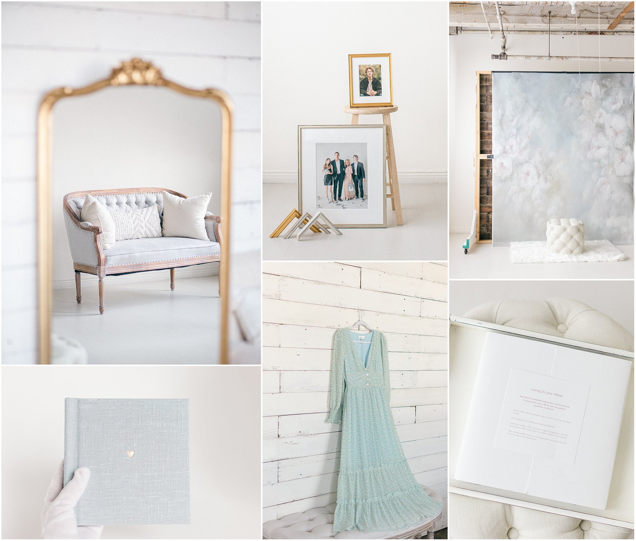Elegant arrangement of a mirror, framed photos, a sofa, a dress, a book, and a textured backdrop in soft, neutral tones.