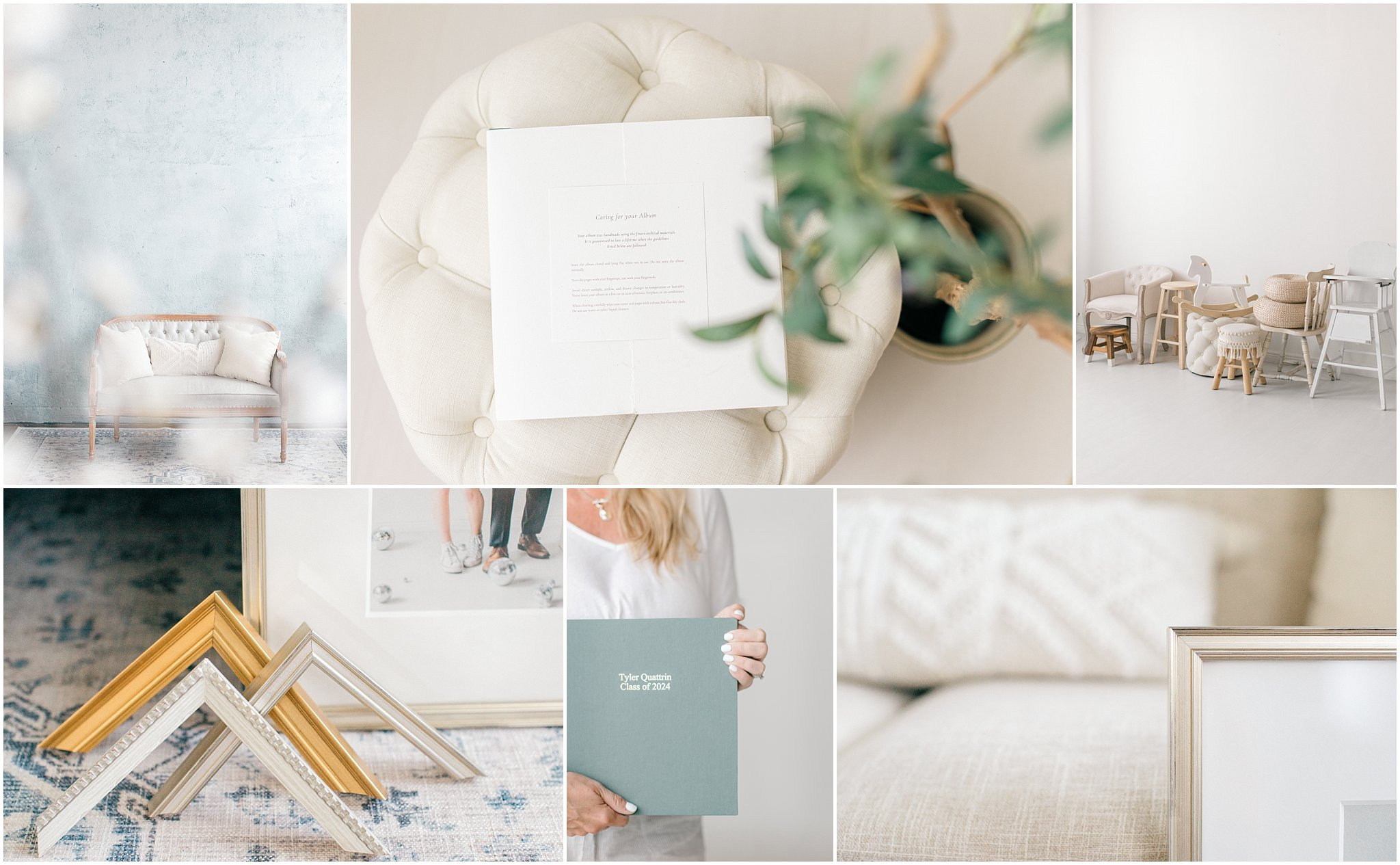 Collage of cozy home decor items, including picture frames, textured fabrics, a plant, and a person holding a book.