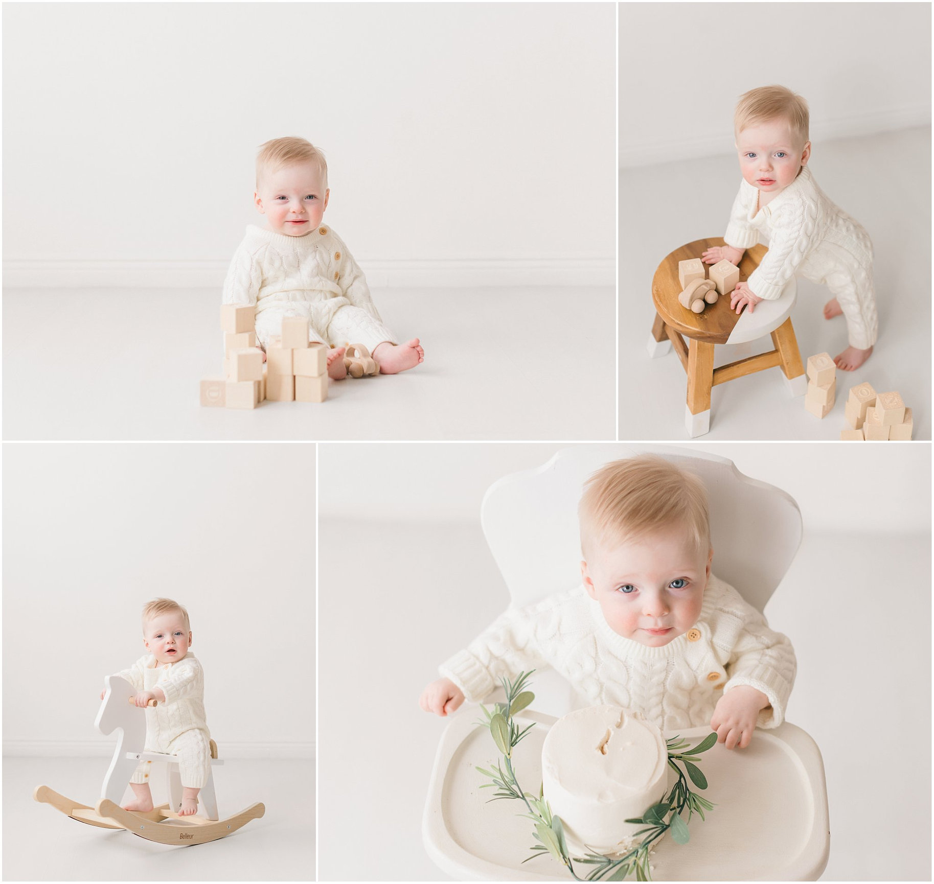 Collage of a baby in a white outfit playing with toys and a rocking chair, and sitting by a cake decorated with greenery.