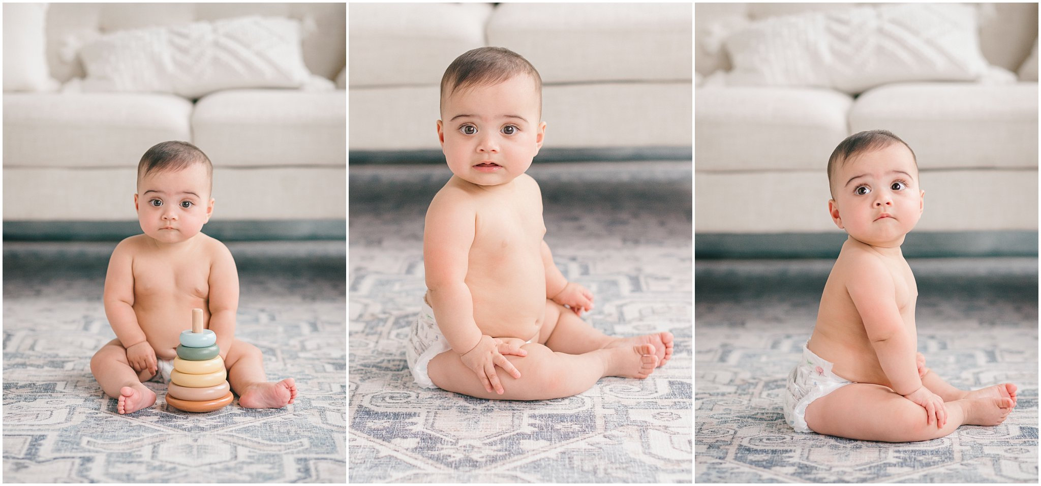 Three-panel image of a baby sitting on a gray carpet in a living room, wearing a diaper, looking curious.