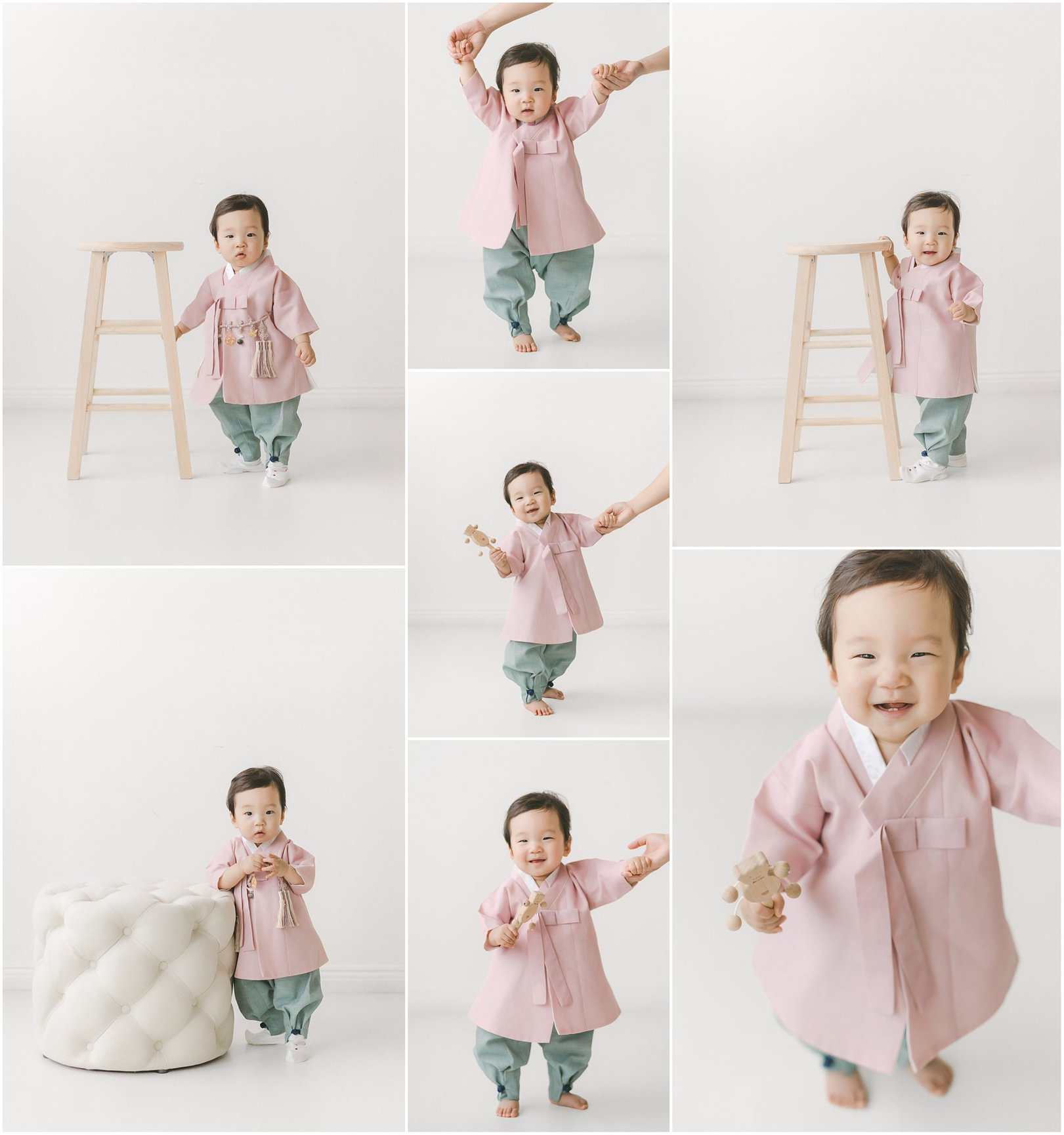 Collage of a toddler in a pink and green outfit, smiling and playing with a stool and a cushioned object.