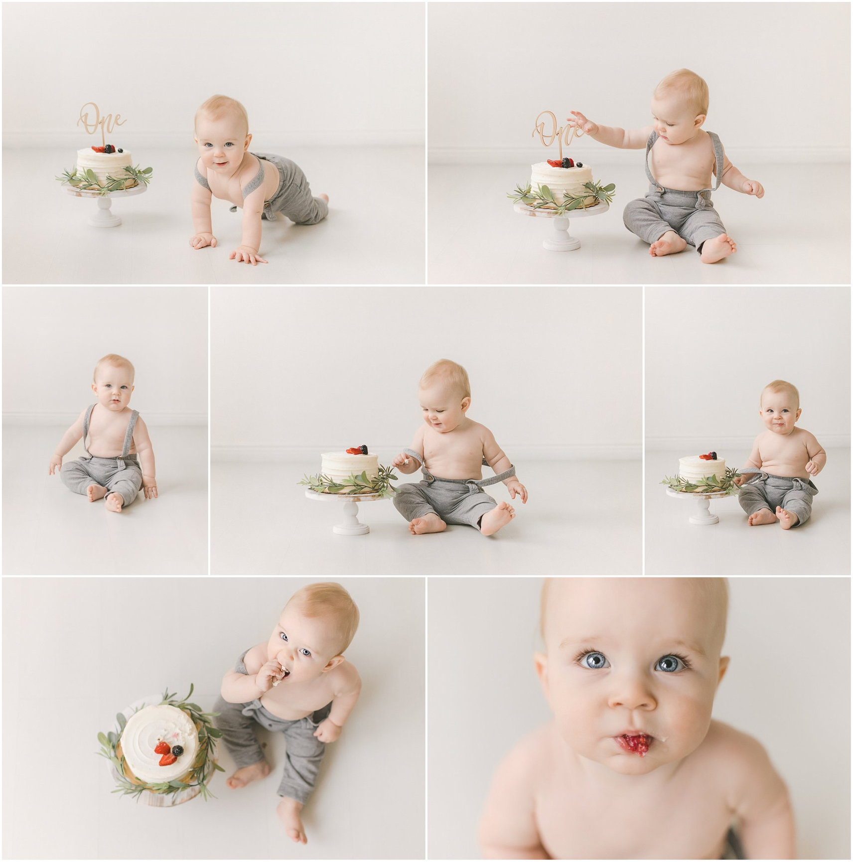Collage of a baby in gray pants with a cake, depicting crawling and sitting poses in a white space.