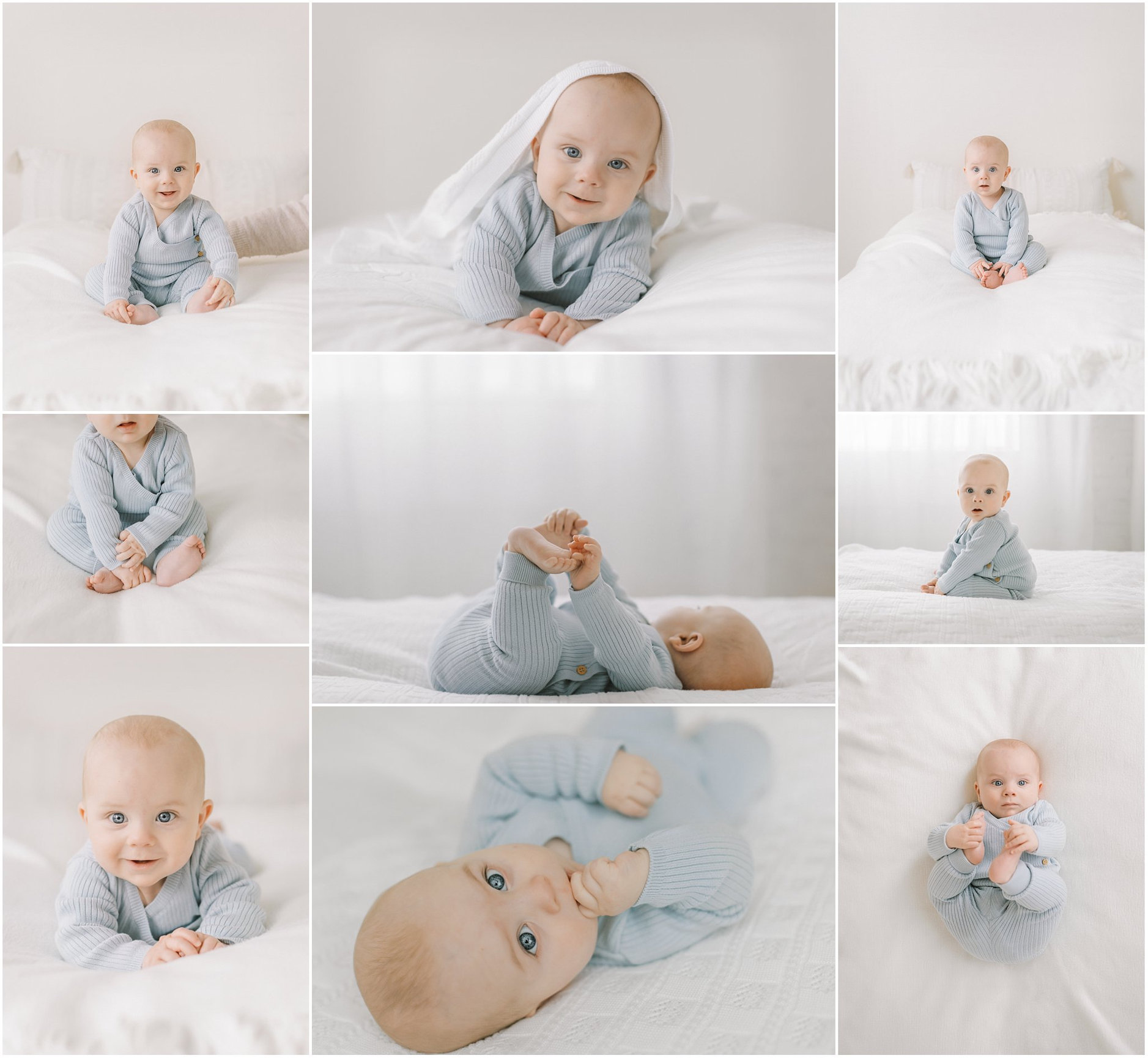 Collage of a baby in a light blue outfit on a white bed, displaying various adorable poses and expressions.
