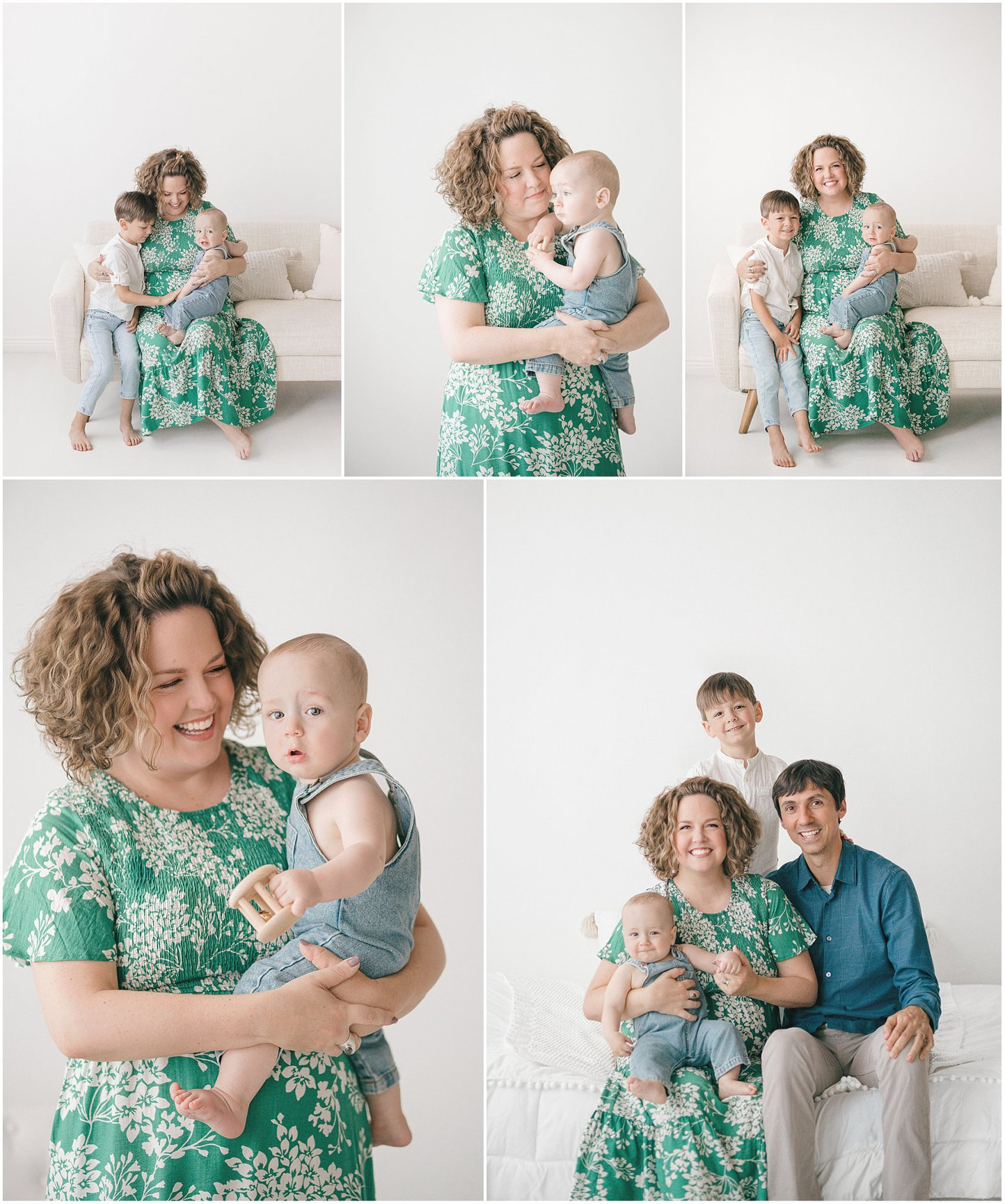 Family portrait session with a woman, child, and baby, all smiling. Various poses include sitting and standing.