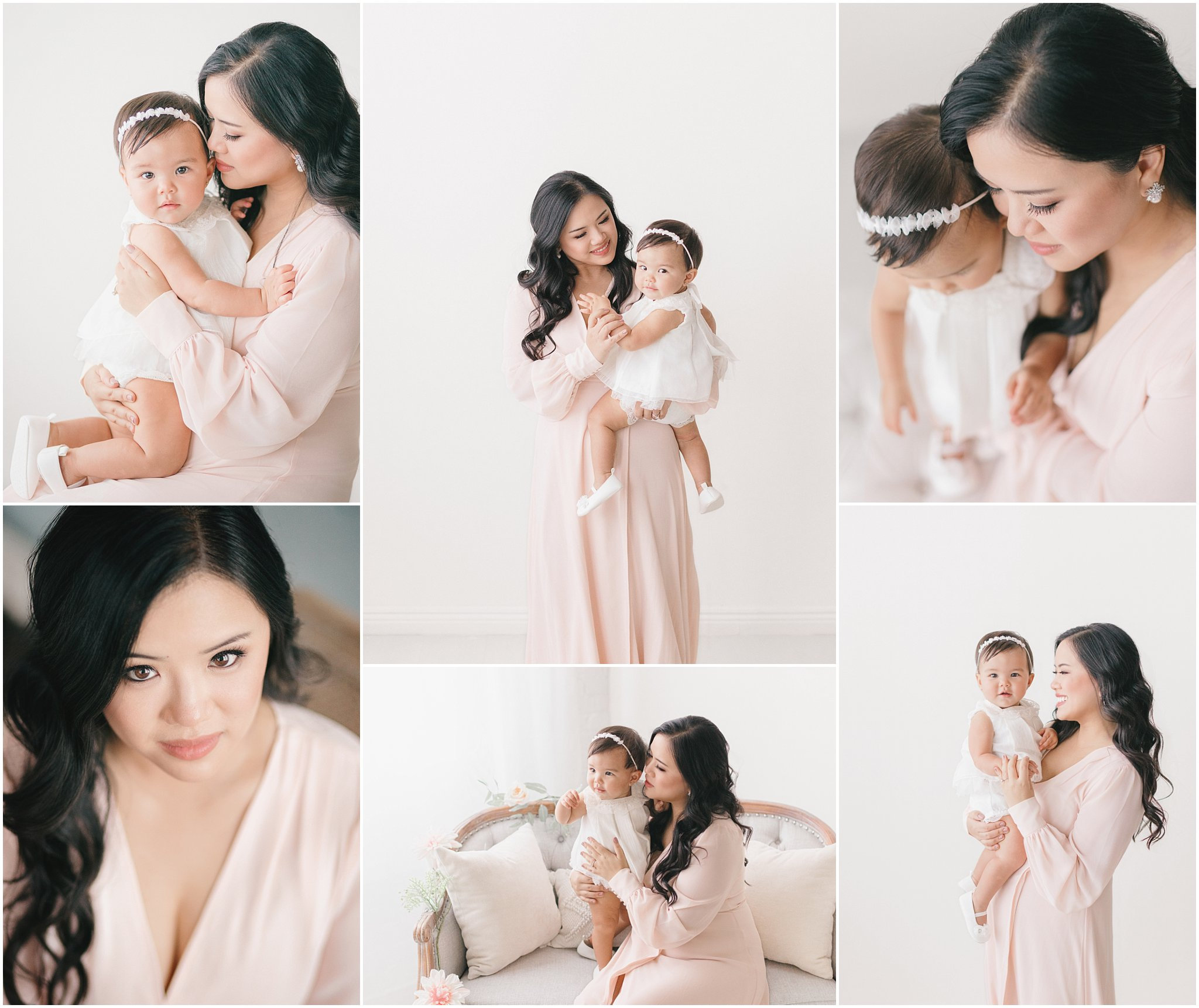 Collage of a mother and baby in soft, neutral tones, featuring tender moments and close-up portraits.