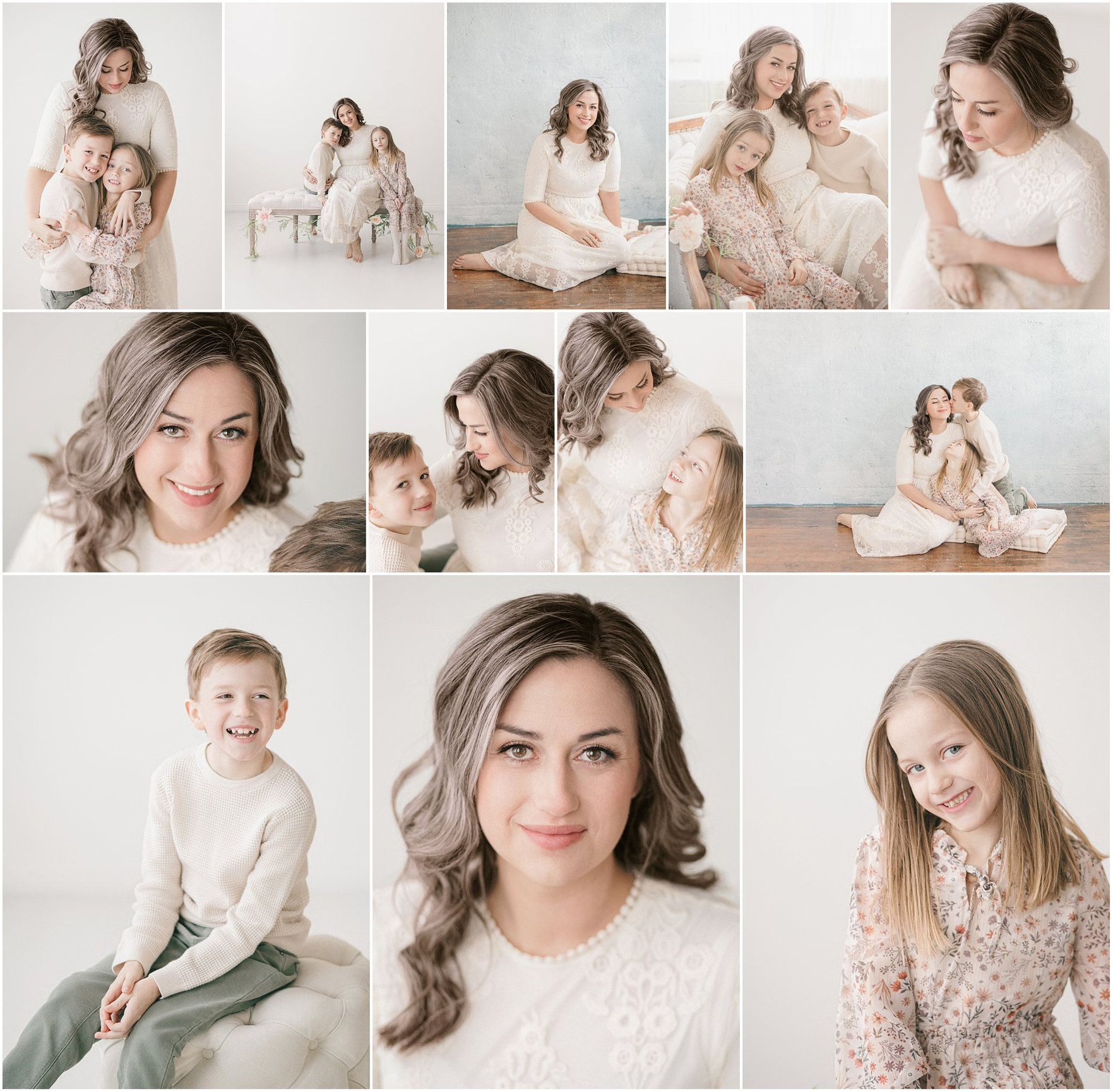 Collage of a smiling woman and two children in soft, neutral-colored outfits.