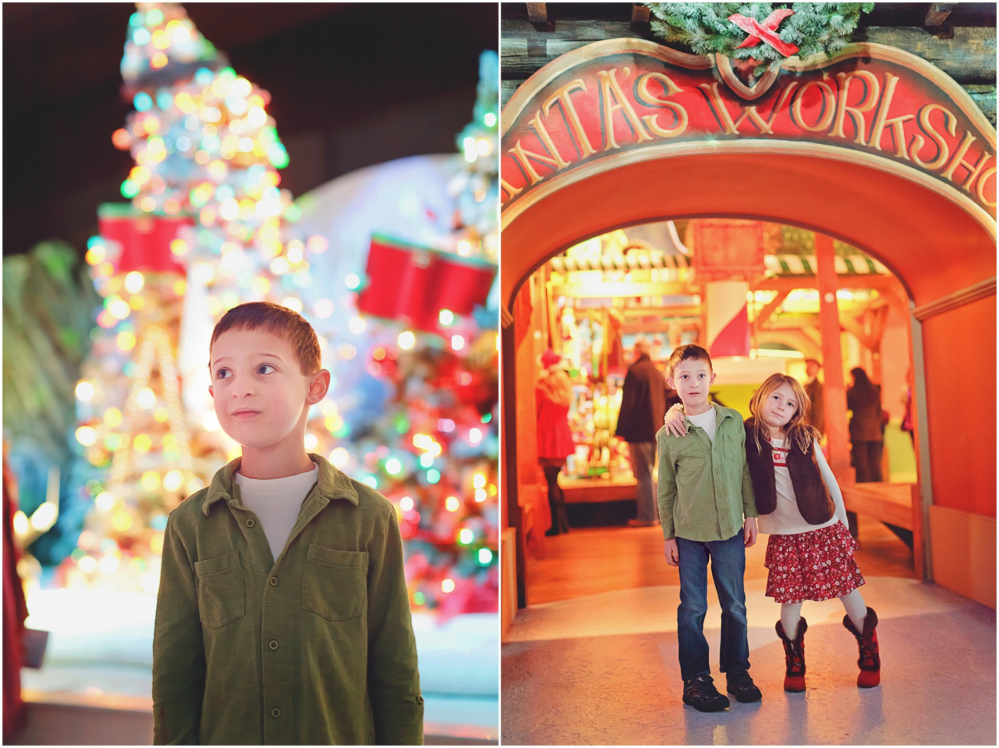Young boy in front of a Christmas tree; children standing outside Santa's Workshop with festive decorations.