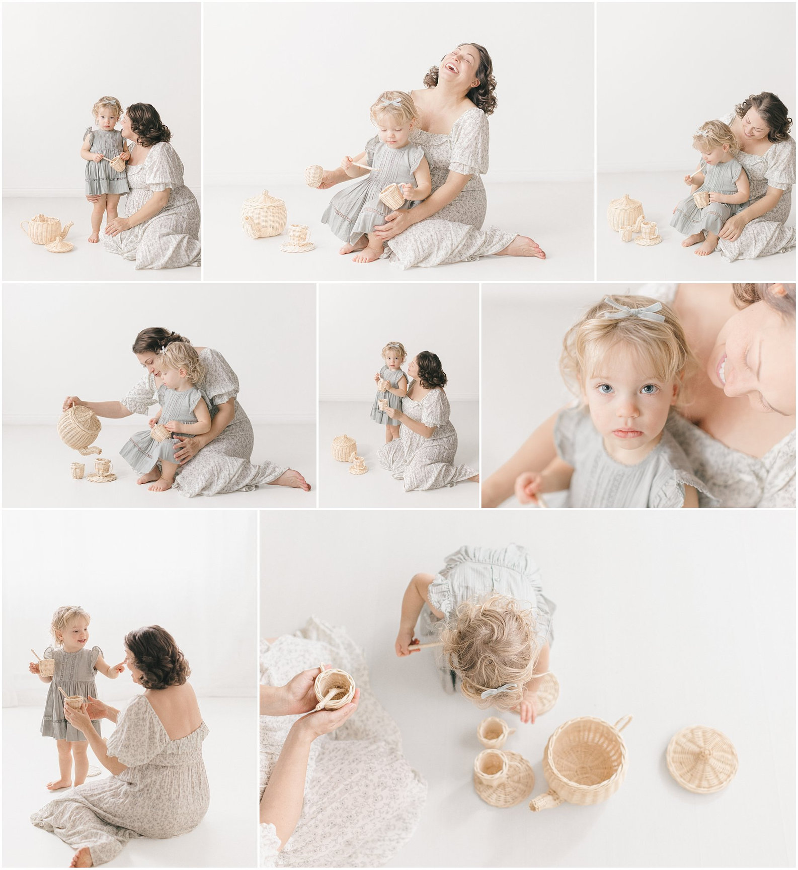 Collage of a mother and child playing with wooden toys, featuring close-ups and playful interactions on a white background.