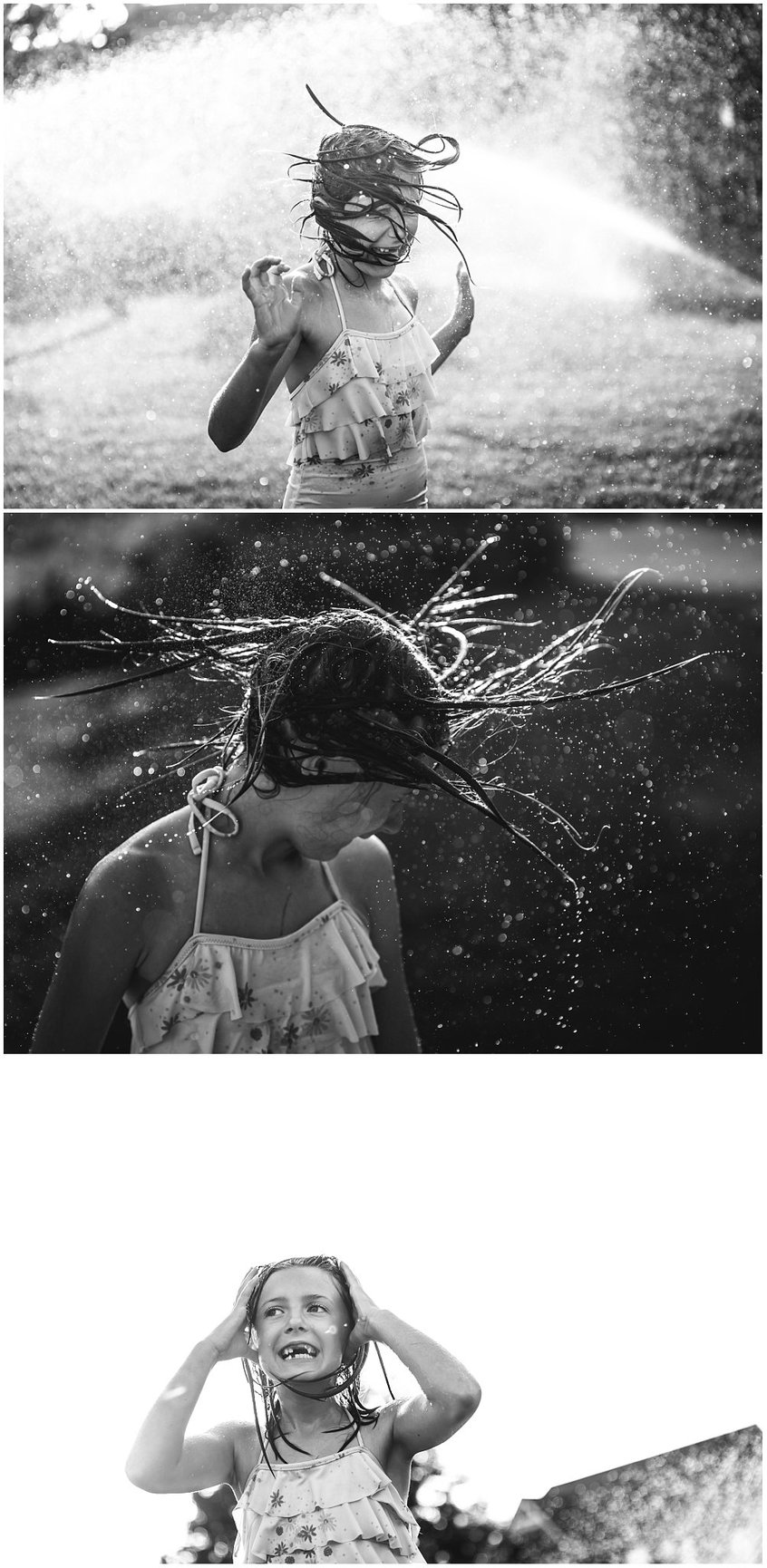 Three black-and-white photos of a child playing in water, with droplets and splashes around.