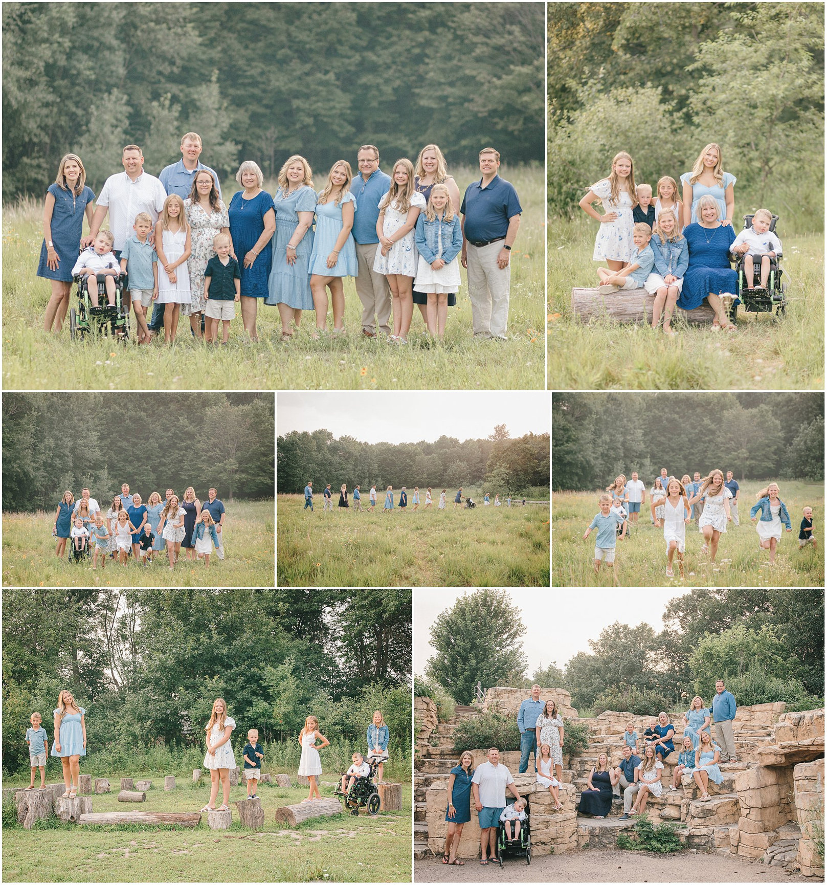 A collage of family photos outdoors, featuring a large group in a field and on stone steps, all wearing casual outfits.