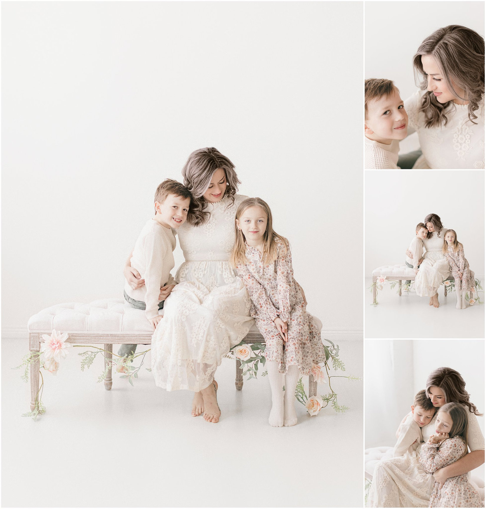 A woman with two children in a bright studio, sitting on a floral bench, smiling and interacting closely.