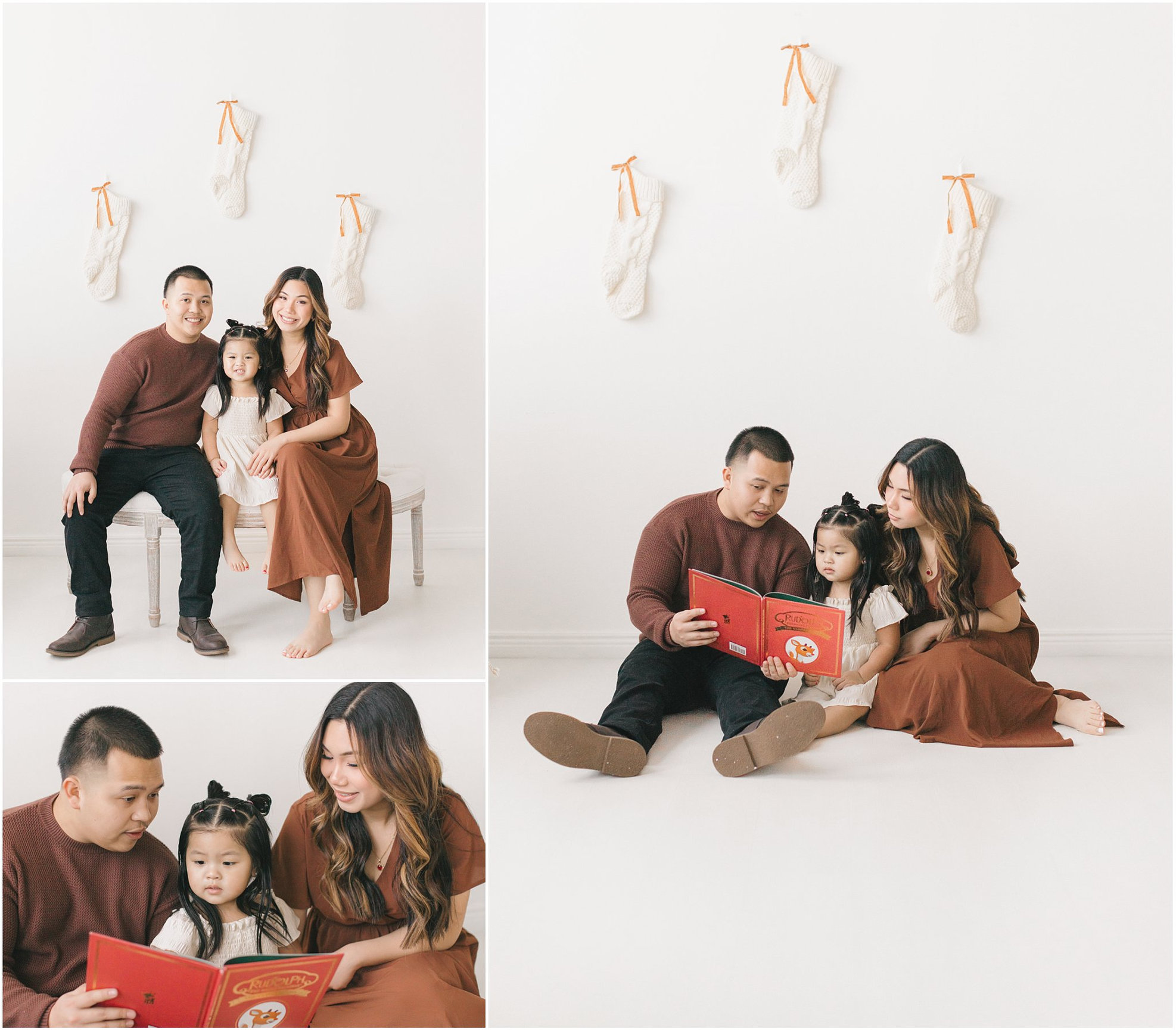 Family in brown outfits sitting together, reading a red book. White background with hanging decorations.