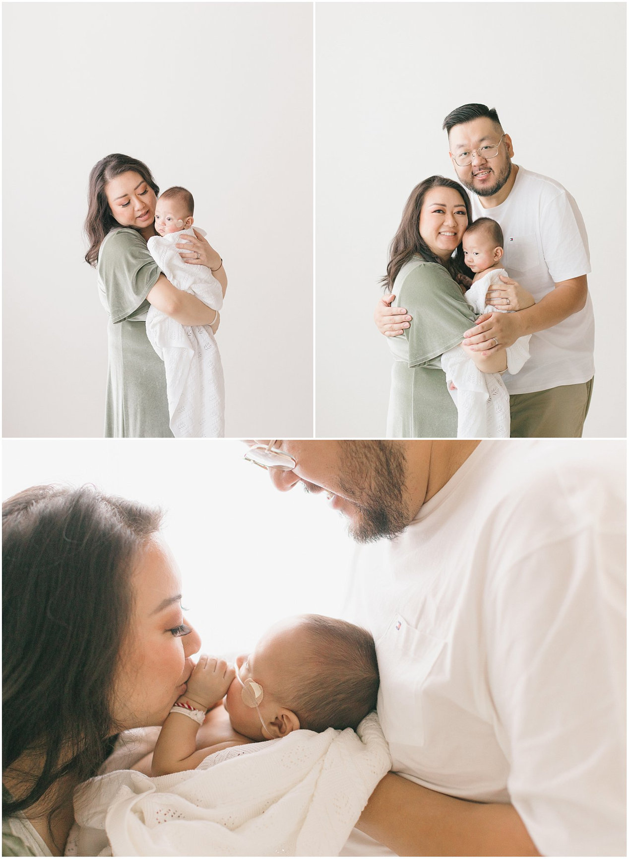 Family portrait with parents holding a baby, featuring a close-up of the mother kissing the infant.