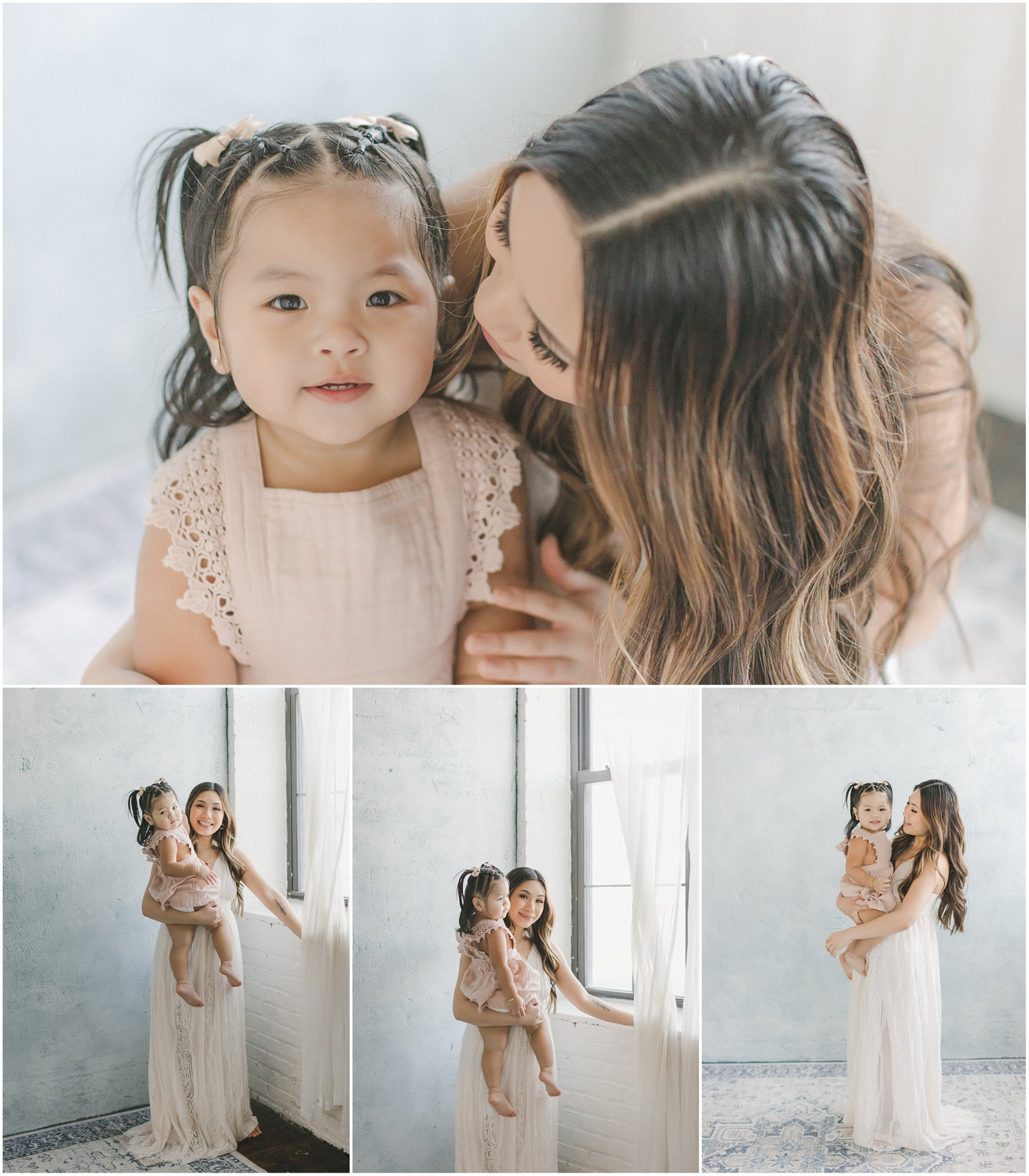 A woman and a child share affectionate moments in soft lighting, both wearing light-colored dresses, near a window.