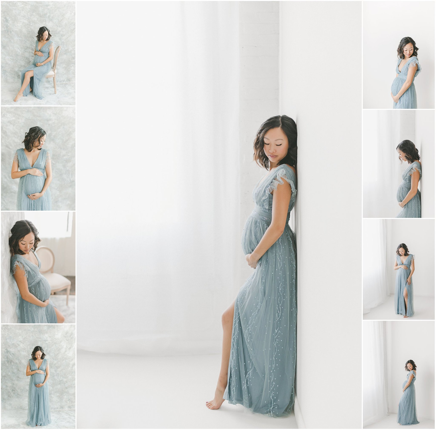 Pregnant woman in a blue dress posing by a window; collage of various angles and close-ups.