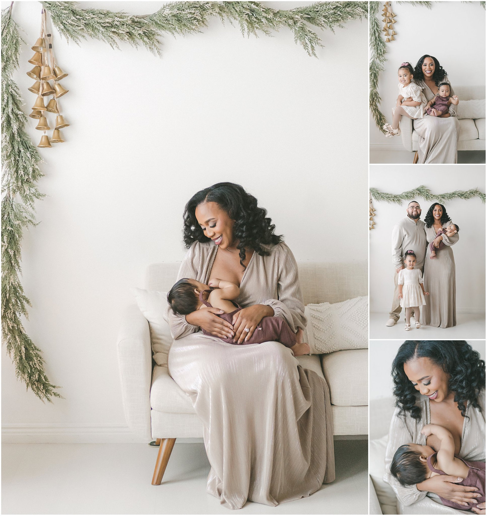 Collage of a woman breastfeeding her baby on a sofa, with family and nature-themed decorations.