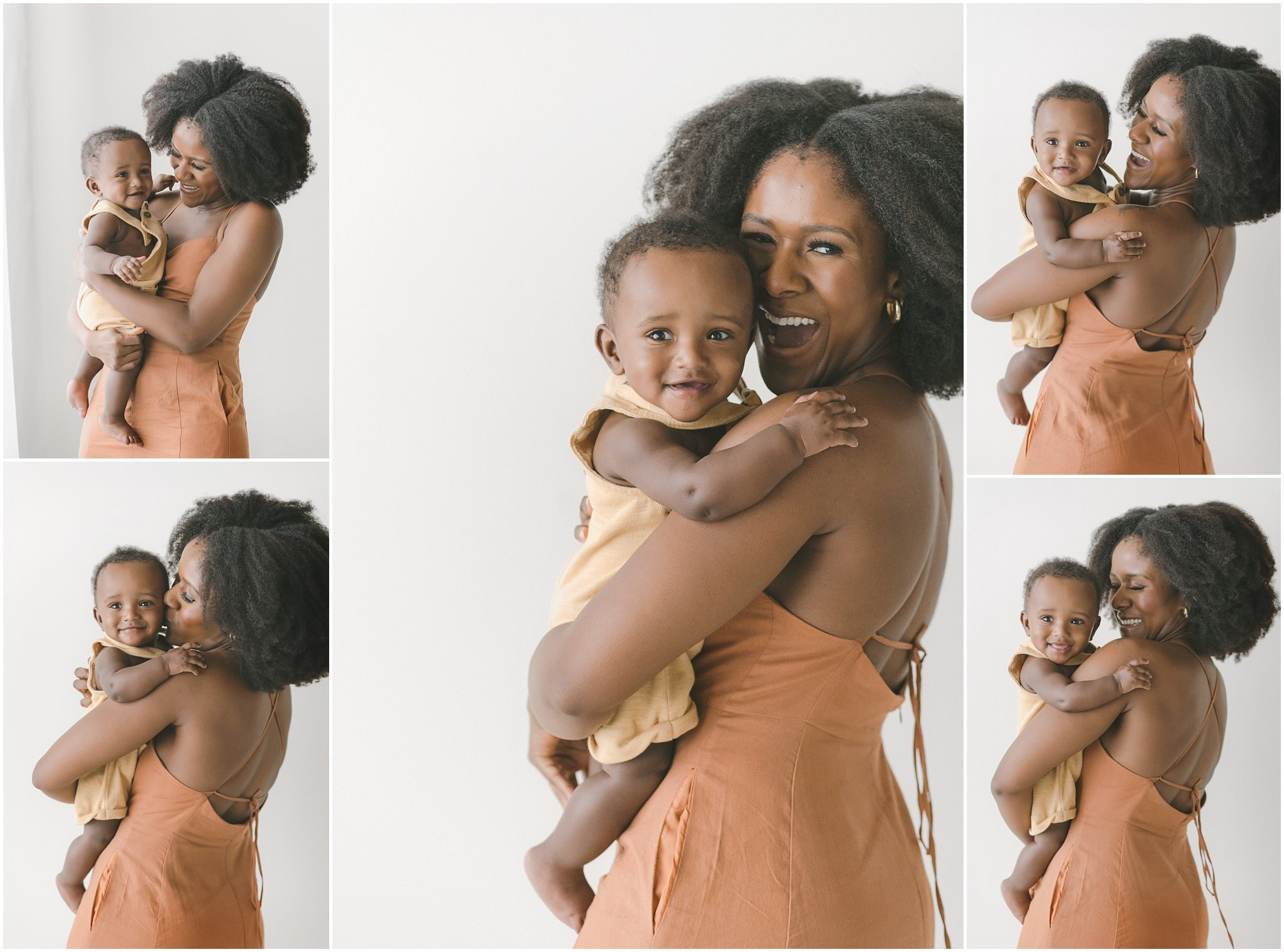 Collage of a smiling mother holding her baby in various poses against a white background.