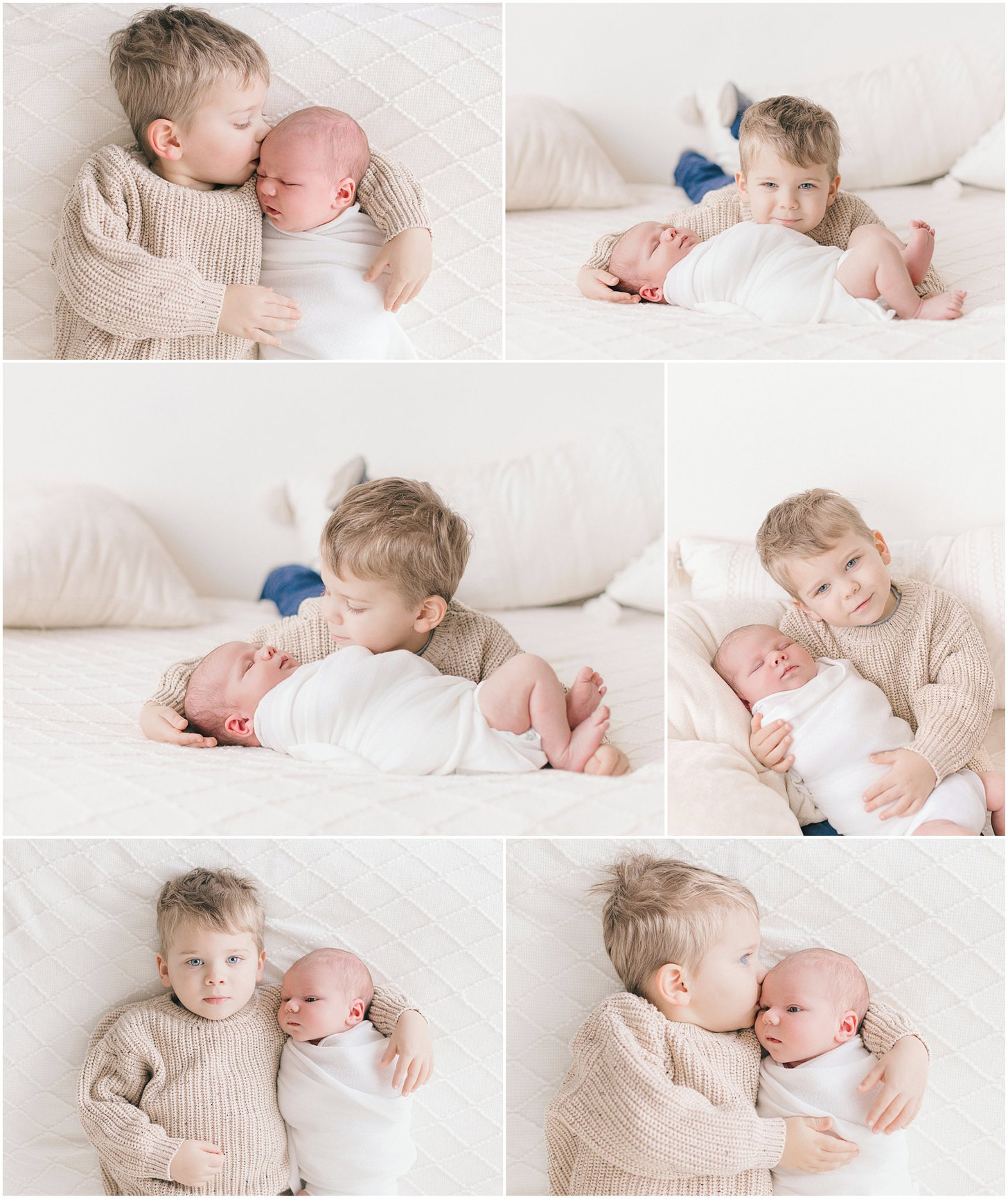 Young child cuddling with a baby on a bed in multiple cozy poses. Soft, bright setting.