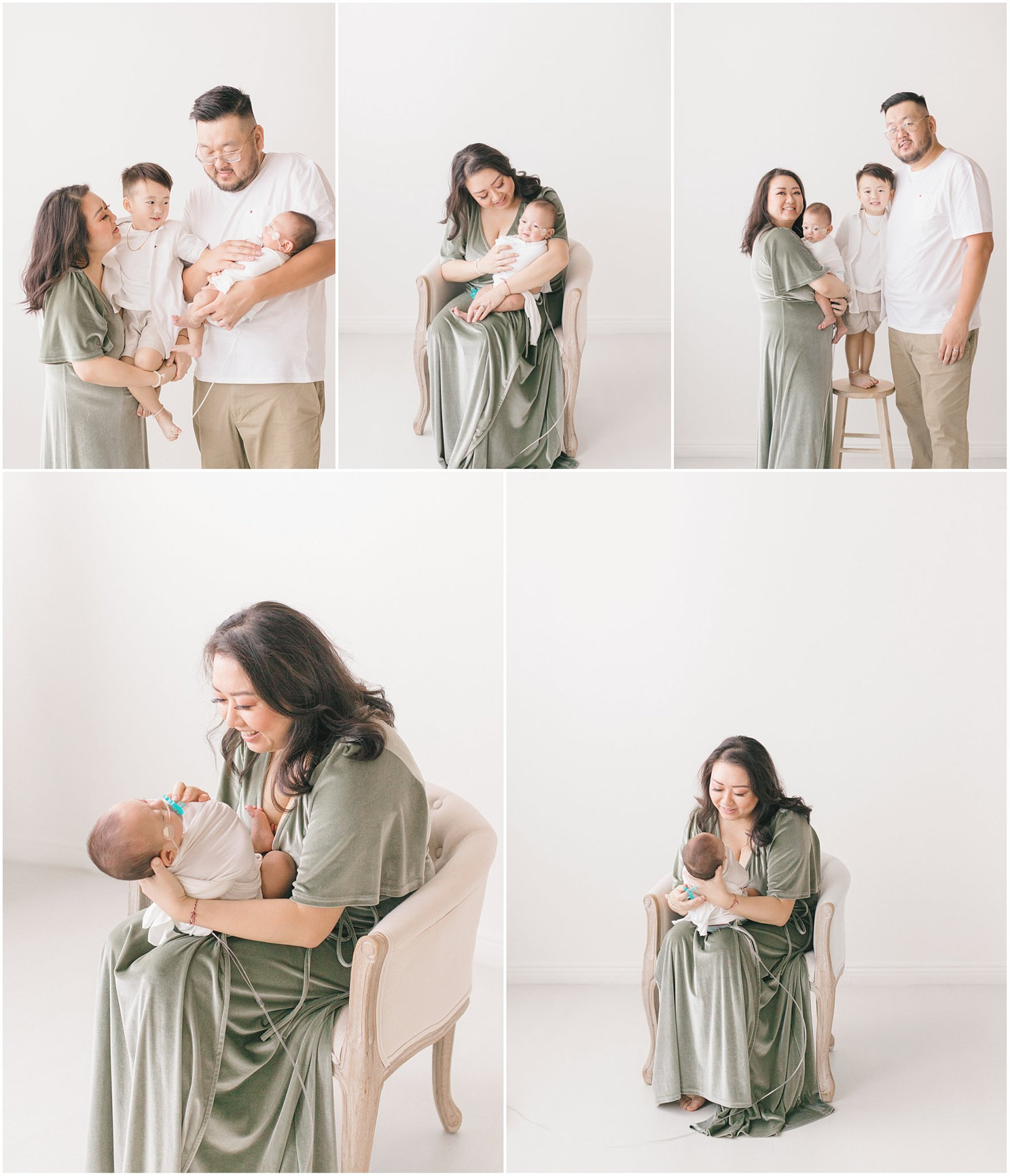 Family photo collage: Parents with a baby, mother sitting with baby in arms, all in a light, airy setting.