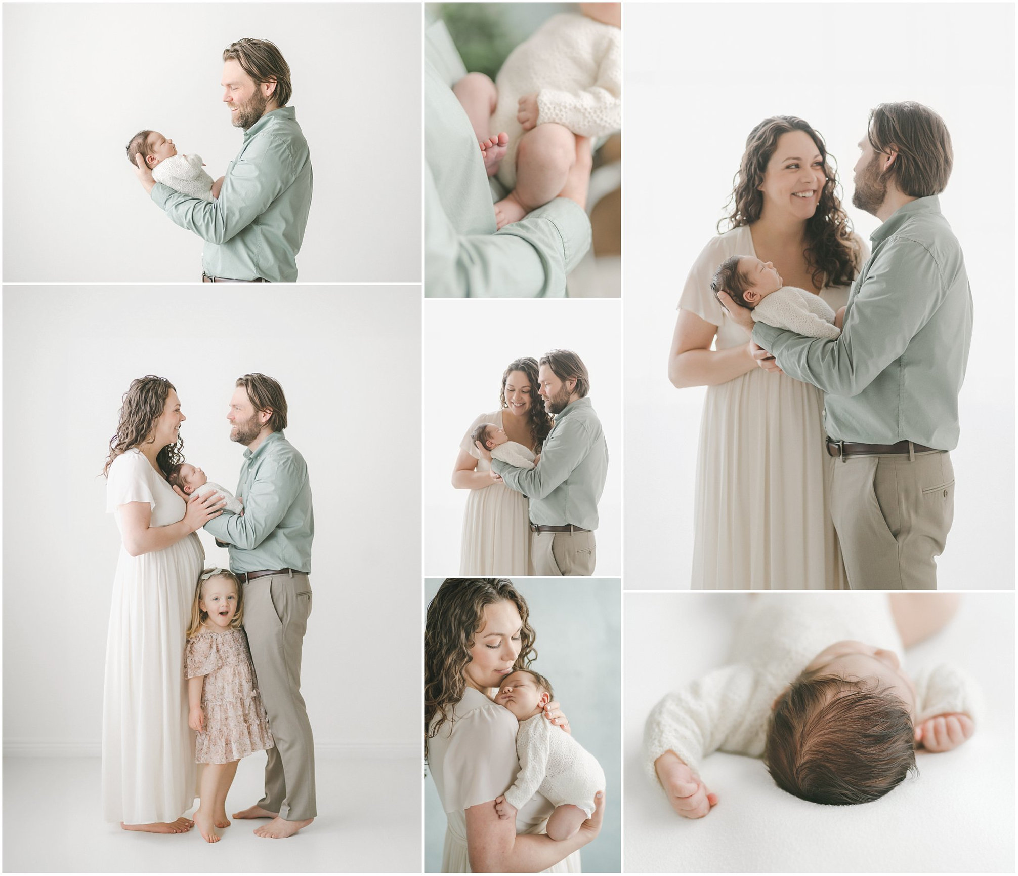 A family collage with parents holding a baby and interacting with a young child in a bright, airy setting.