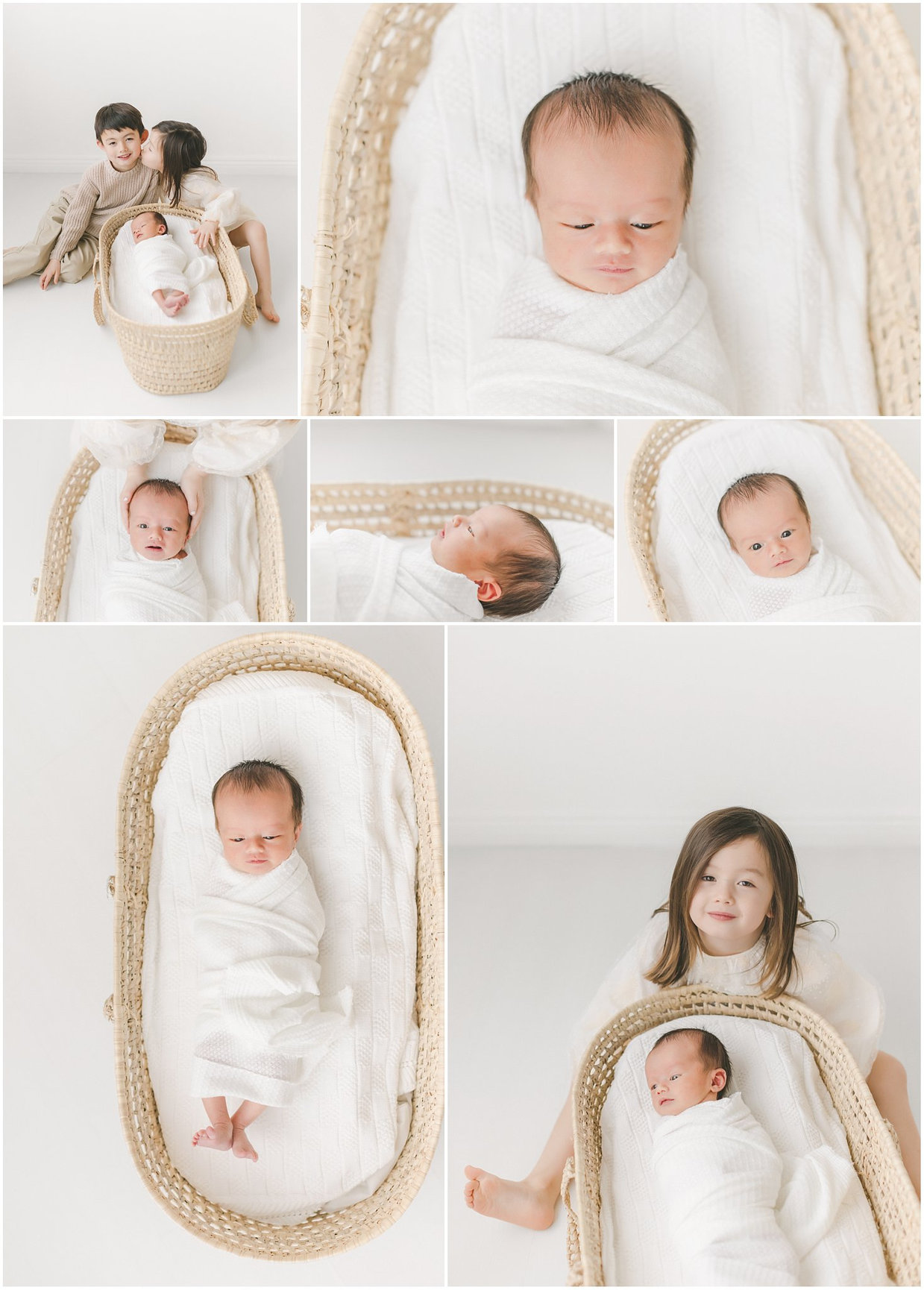Collage of a baby wrapped in white, lying in a wicker basket, with a child holding the basket.
