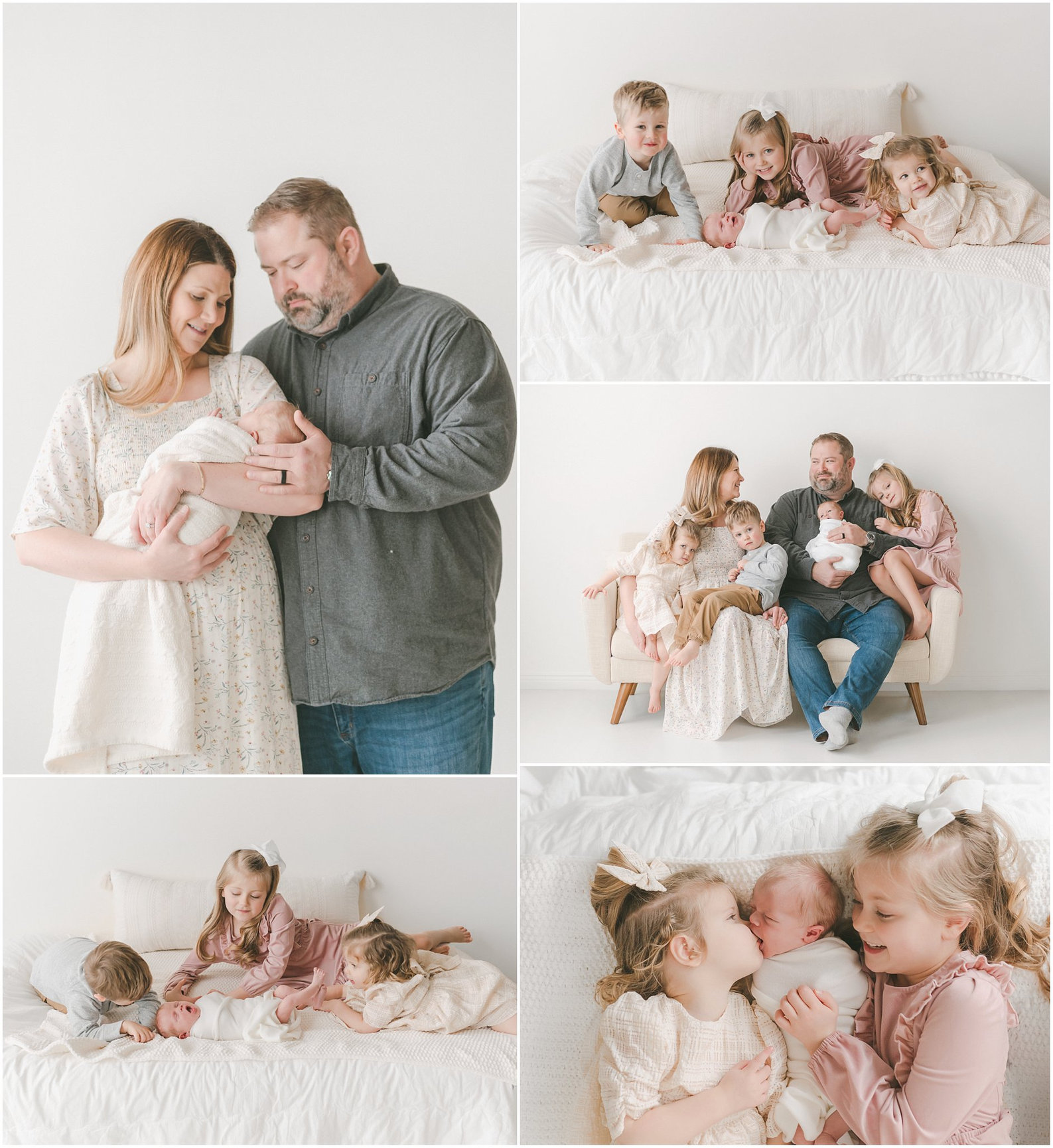 Collage of a family with parents holding a baby and children playing on a bed in a bright room.