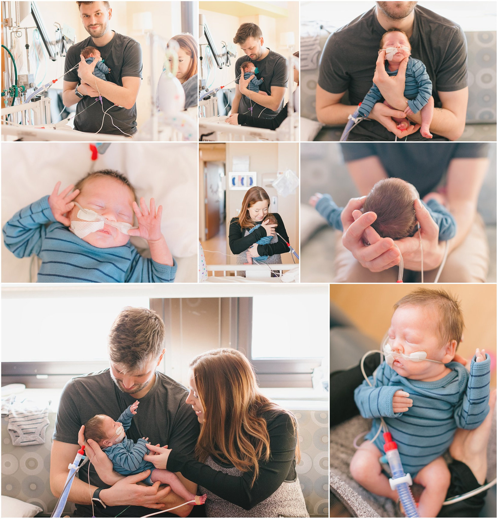 Collage of parents holding and caring for a newborn with medical equipment.