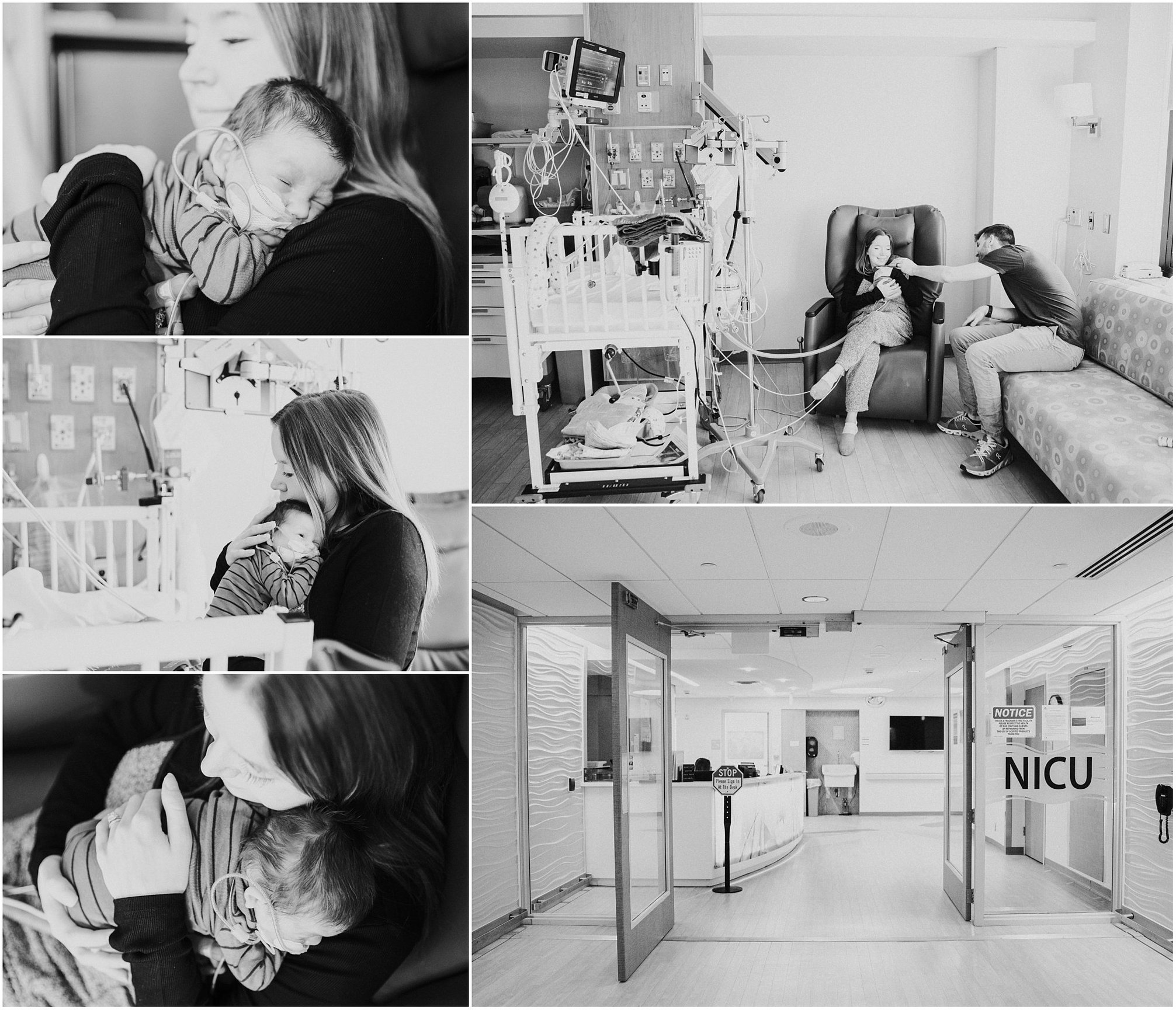 Collage of parents with a newborn in a NICU, including close-up cuddling and hospital corridor.