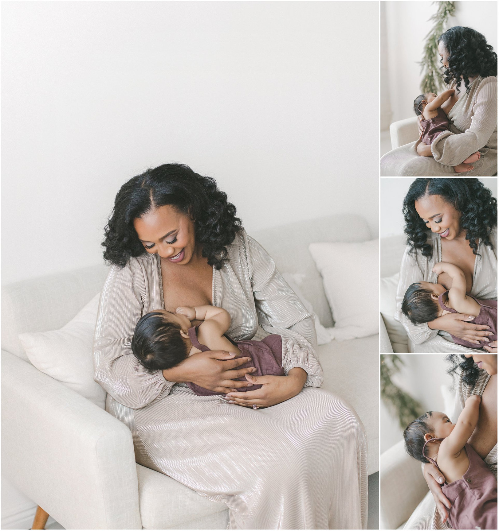 Mother breastfeeding baby on couch, wearing a light dress. Three smaller images show close-ups of the tender moment.