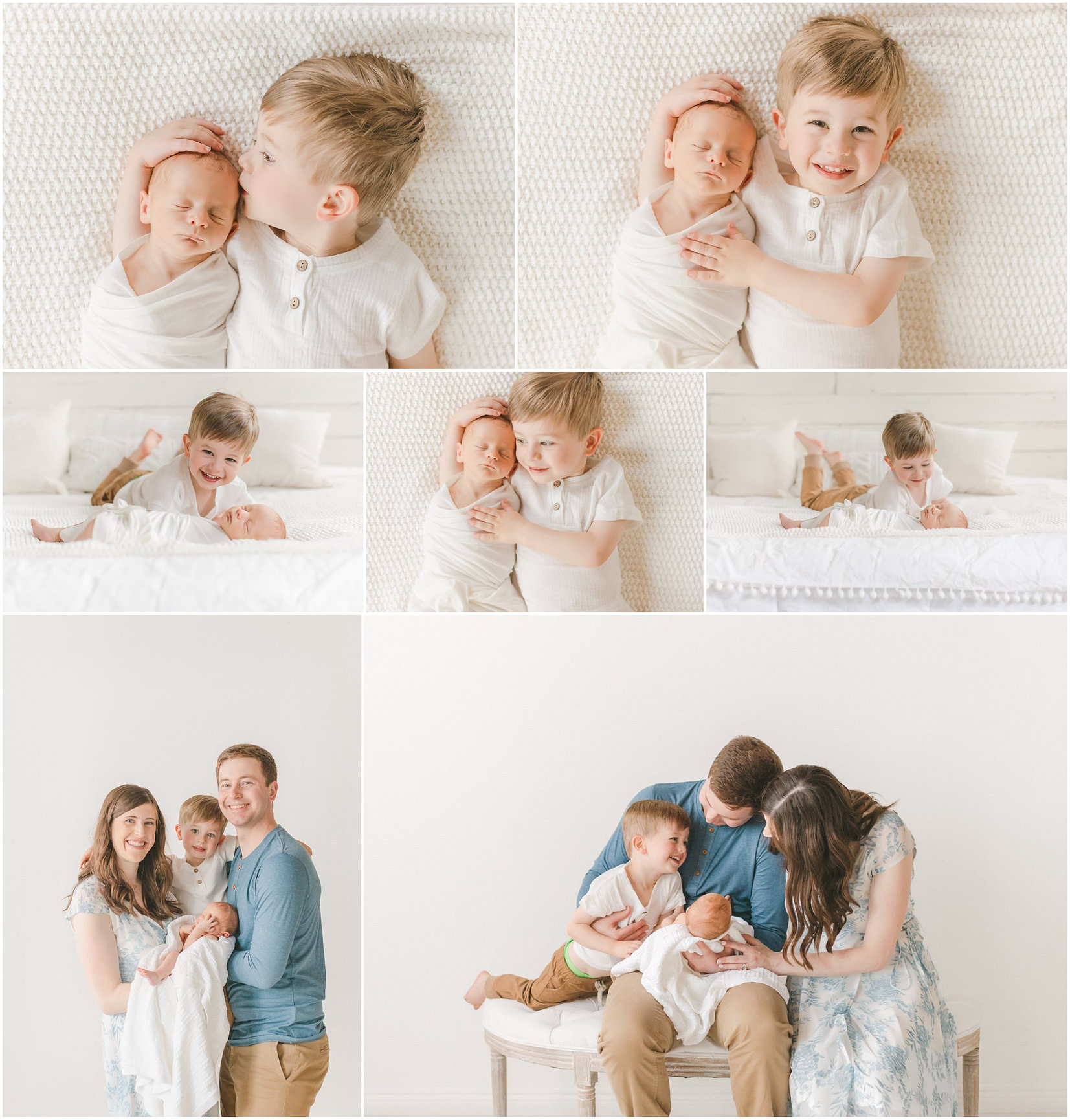 Collage of siblings cuddling on a white bed and a family portrait with parents holding two children, all smiling.