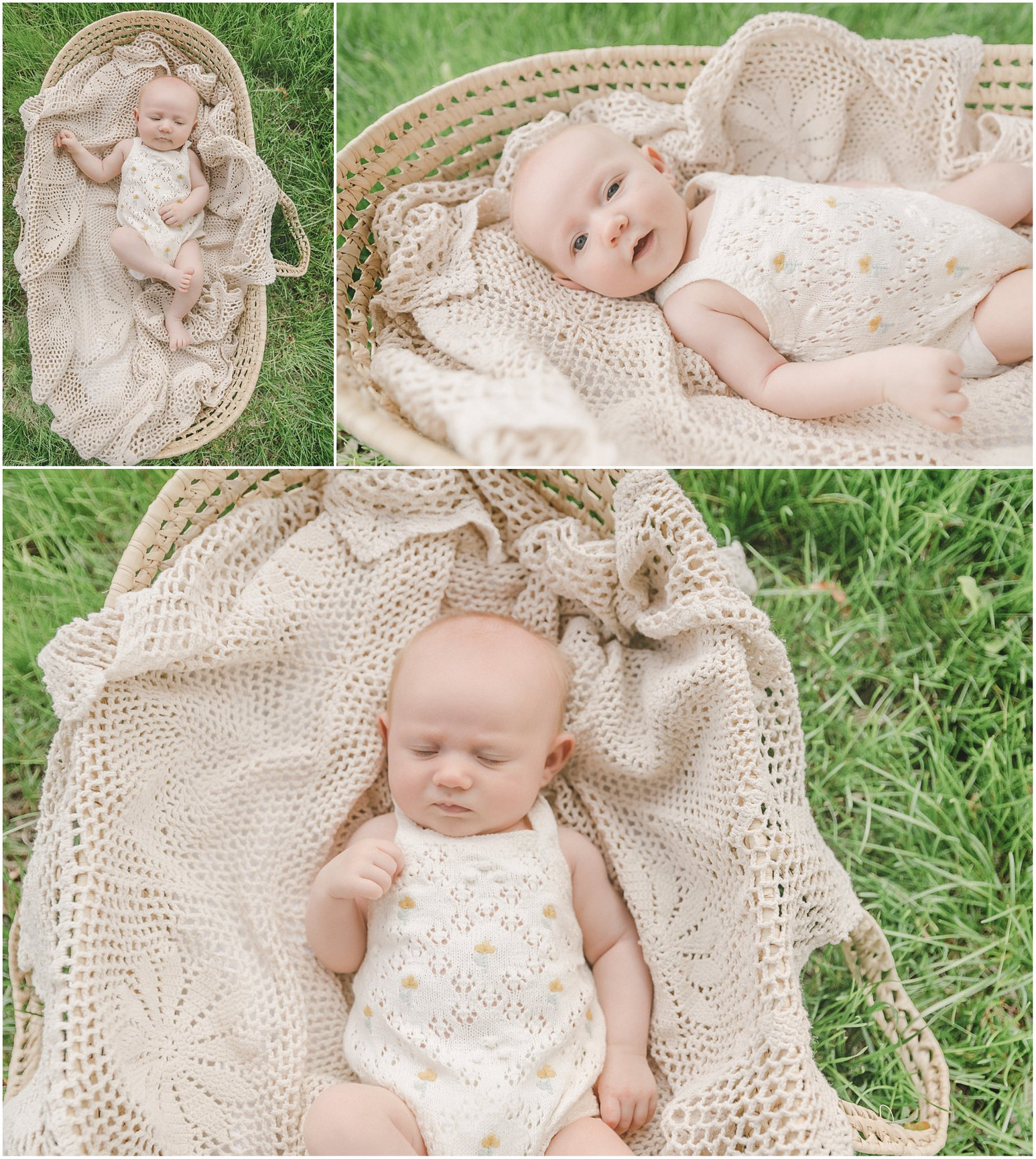 Collage of a baby in a wicker basket with a knitted blanket, lying on grass, wearing a light-colored outfit.