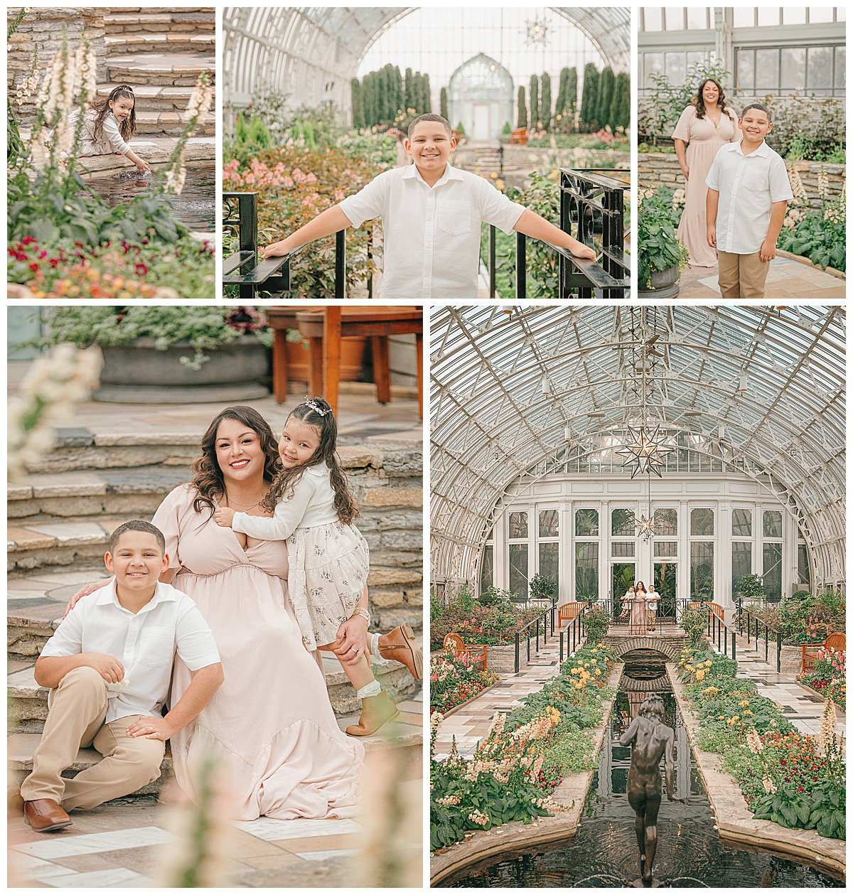 A family poses in a lush greenhouse, featuring vibrant flowers and elegant architecture.