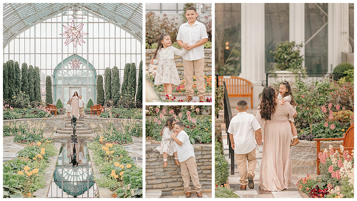 Family enjoying a botanical garden; walking by flowers, posing by plants, and exploring the greenhouse.