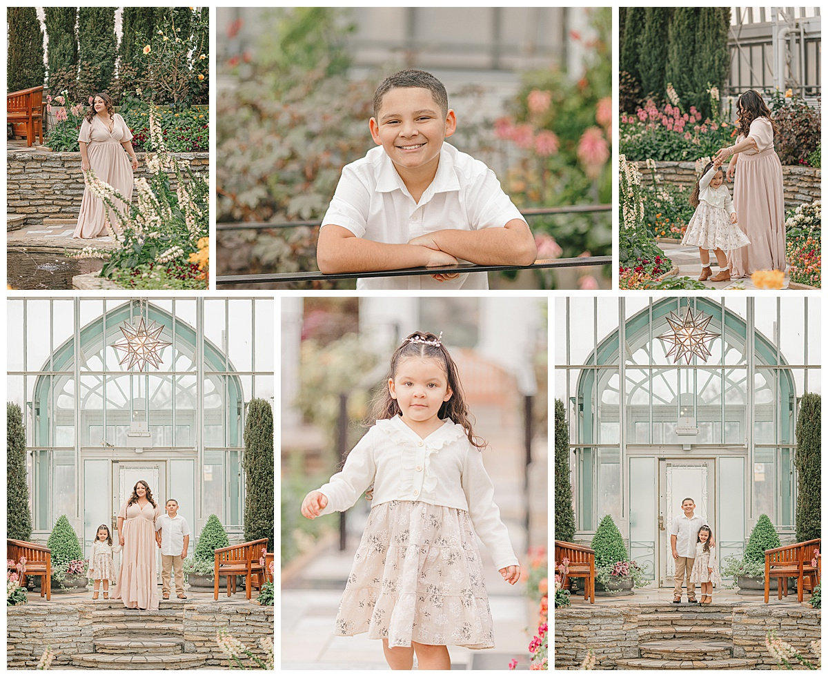 Collage of family portraits in a garden with a glass greenhouse backdrop, featuring a child smiling and a mother with a baby.