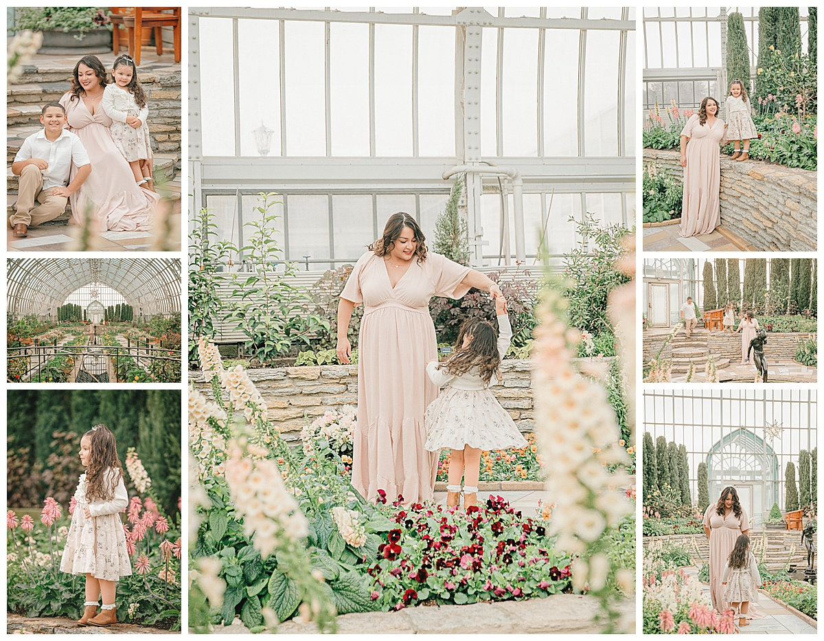 Collage of a woman and child in a greenhouse setting, surrounded by lush plants and flowers.