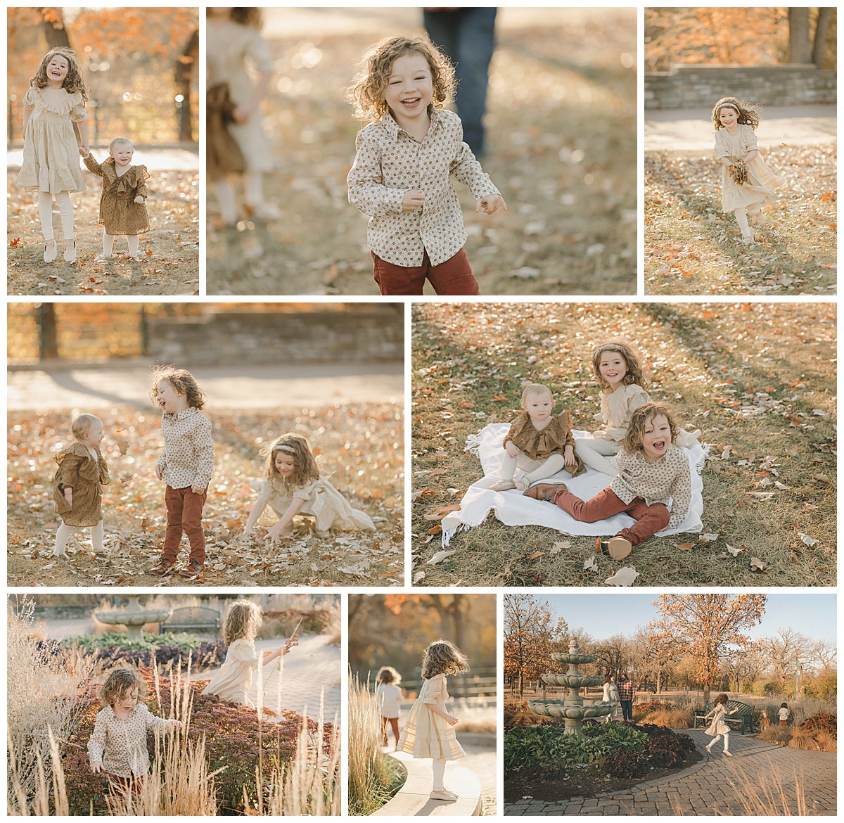 Collage of children playing and enjoying autumn leaves in a park setting.