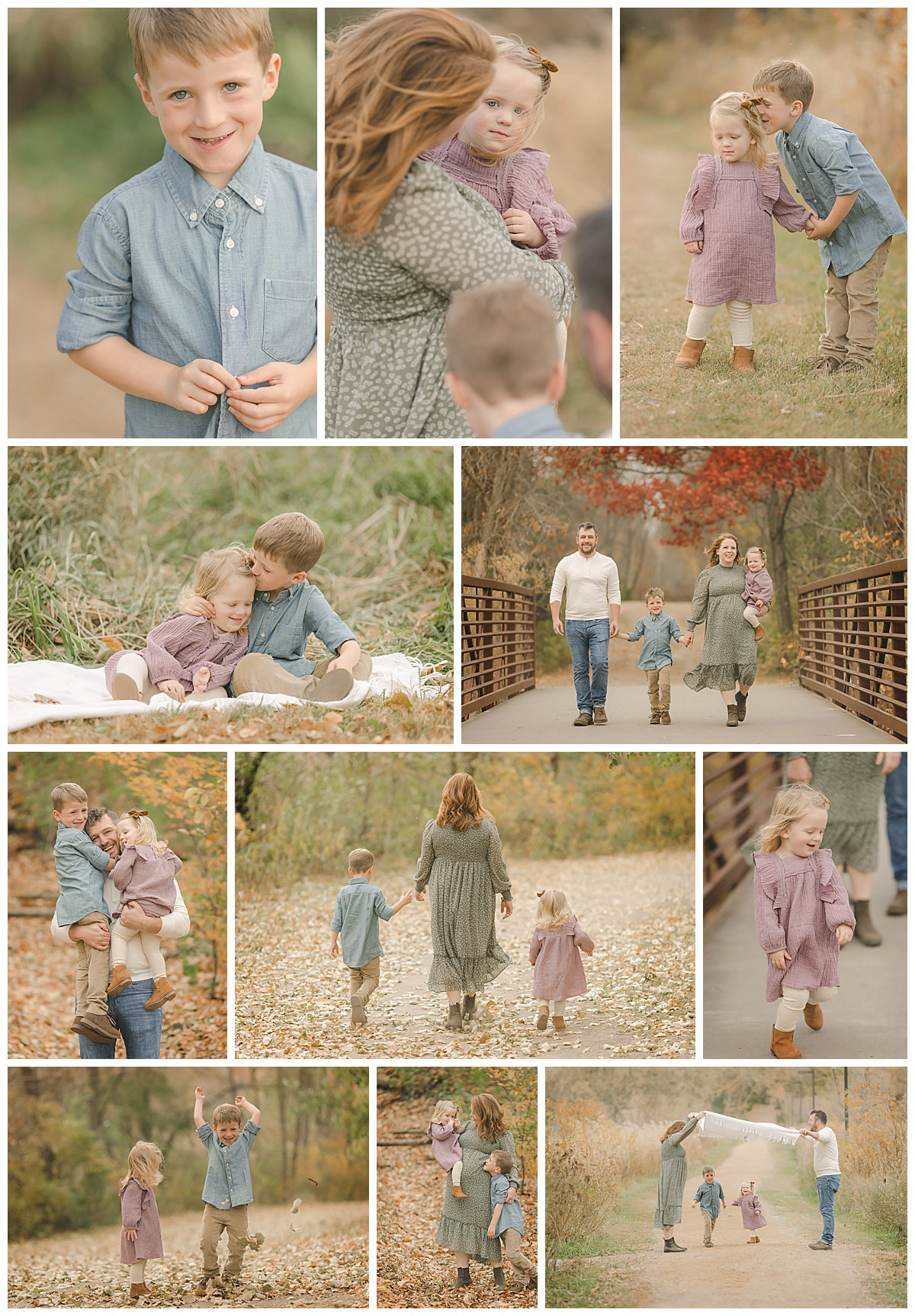 A family enjoys a nature walk, featuring children playing, parents hugging, and walking on a leaf-covered path.