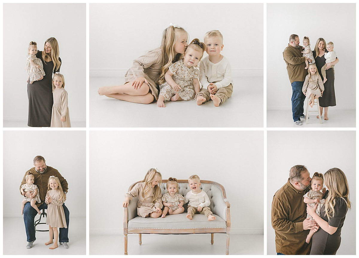Family portrait collage with parents and two young children in a bright studio setting.
