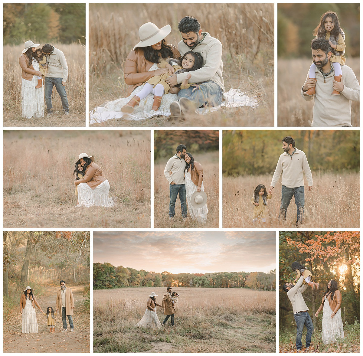 Collage of a family in nature, featuring a couple with a child, enjoying outdoor moments in a grassy field.