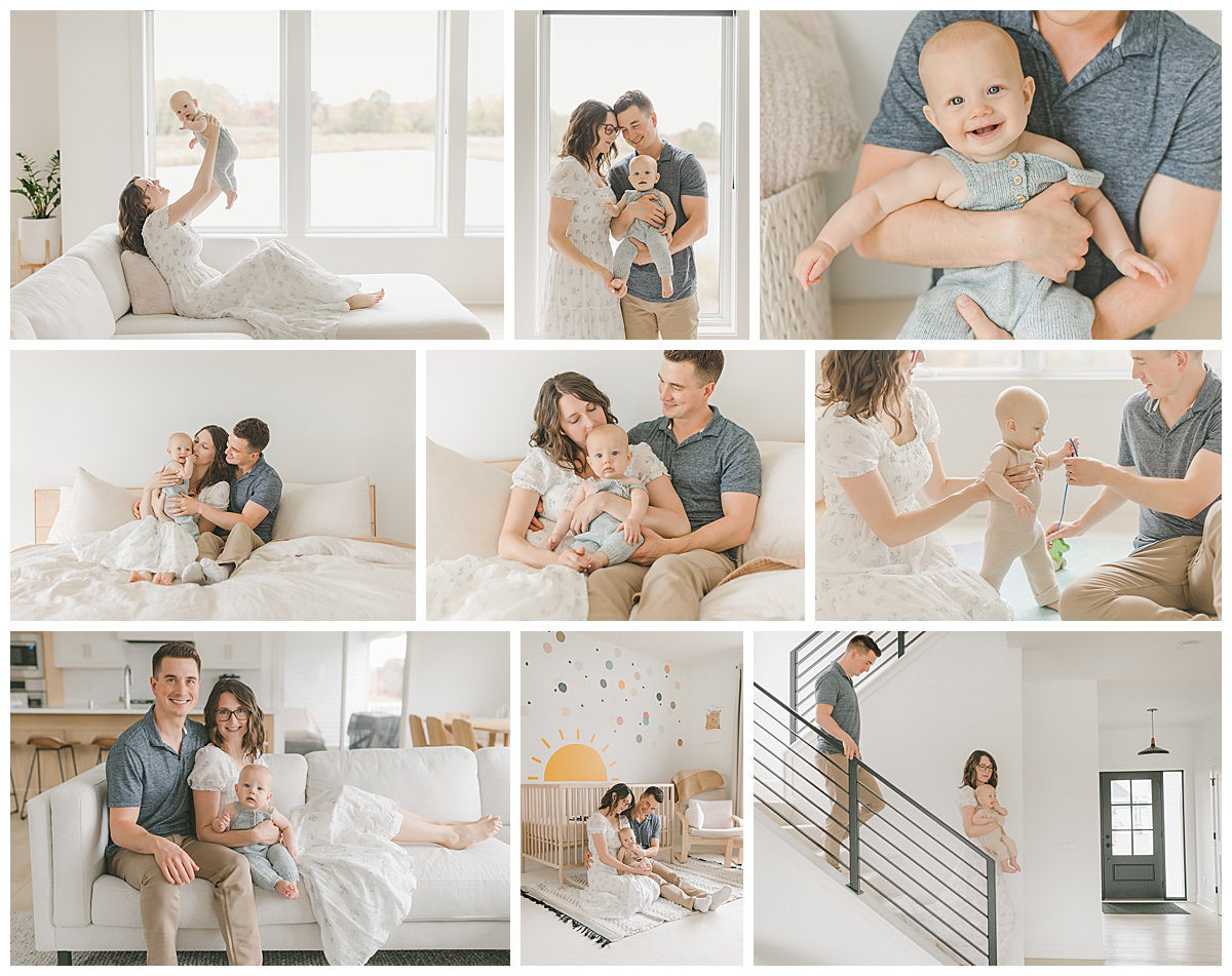 Family enjoying moments together at home, including playing, cuddling, and spending time with their baby in a bright setting.