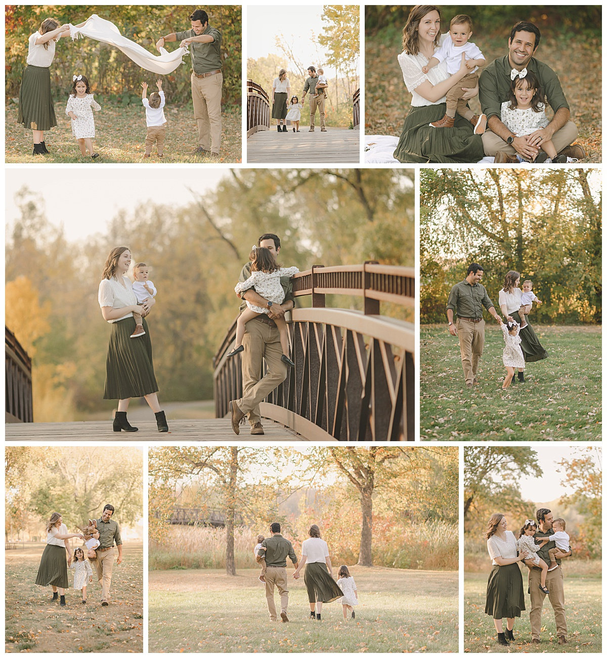 A family enjoys a fall day, walking on paths and a wooden bridge in a park with autumn trees.