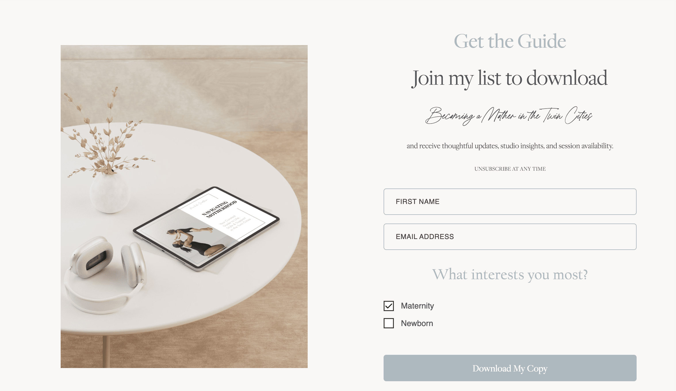 Minimalist desk scene with a tablet, coffee cup, and plant beside a sign-up form for a downloadable guide.