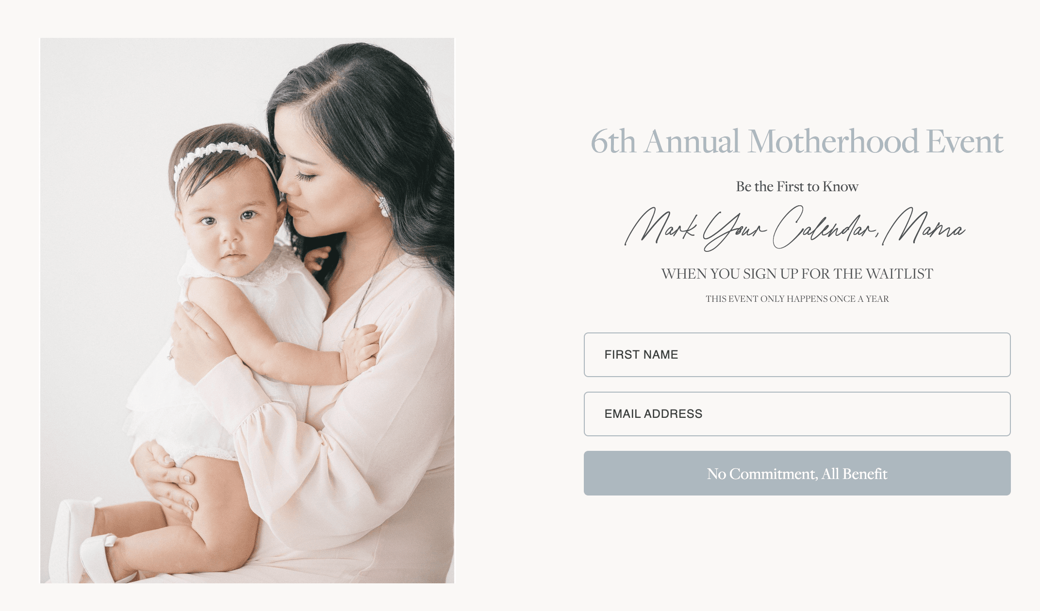 Mother holding baby beside an event signup form on a light background.
