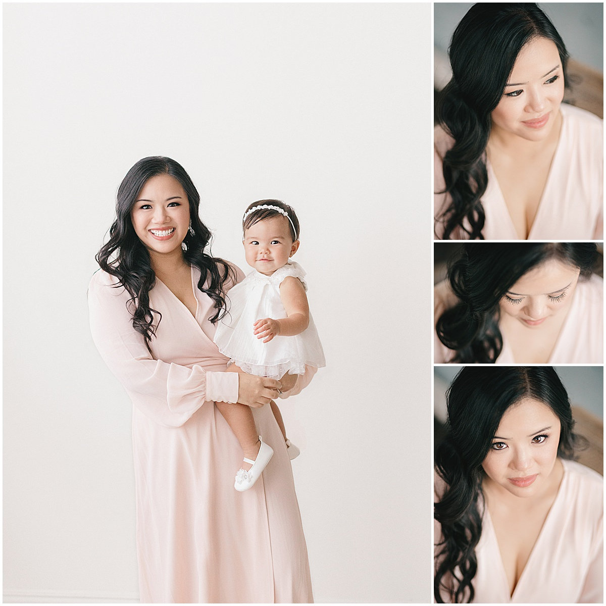 Woman in a pink dress holding a baby in white; three close-ups of the woman are displayed on the side.
