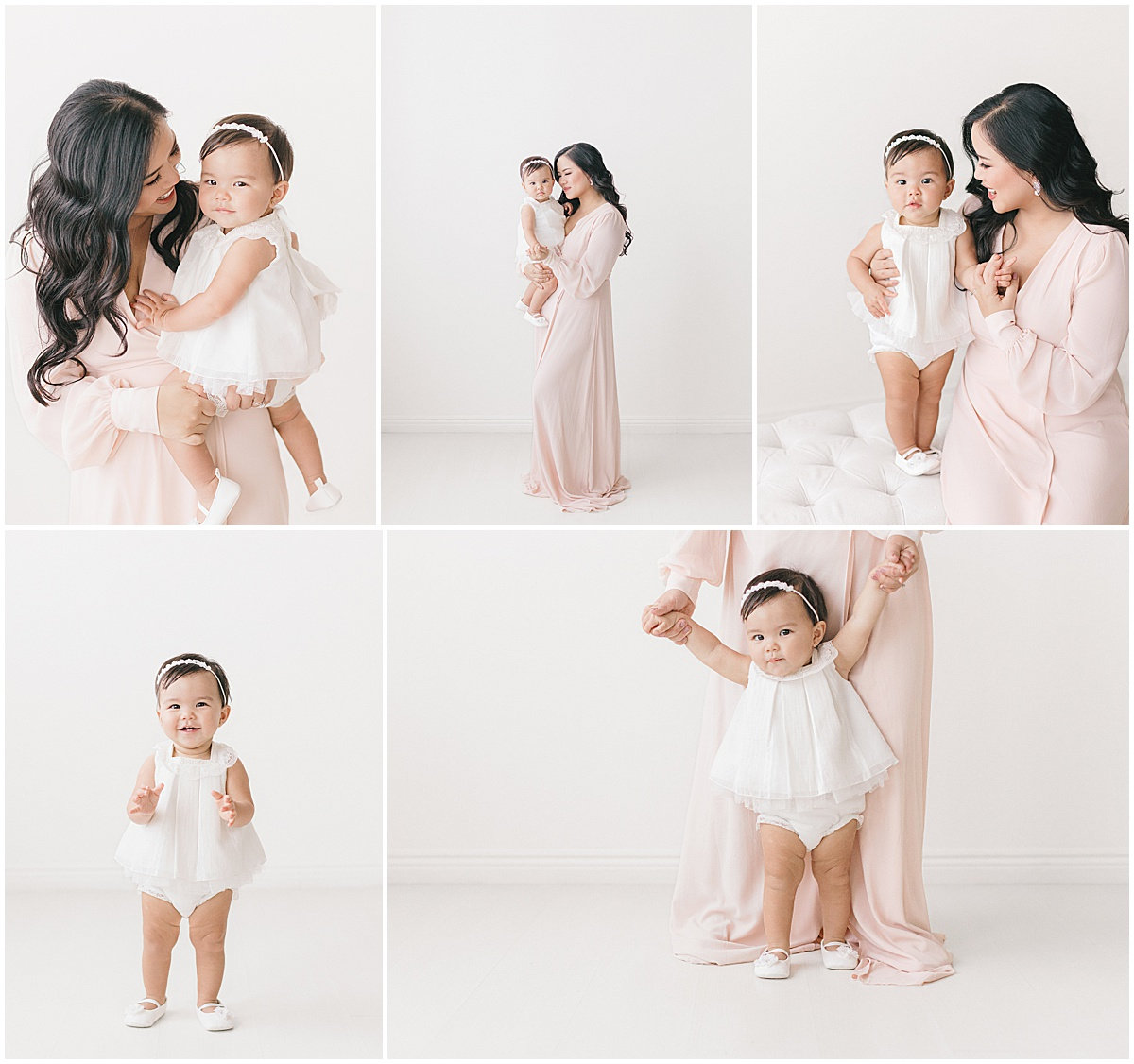 Collage of a woman and toddler in a pink and white setting, displaying affection and joy.