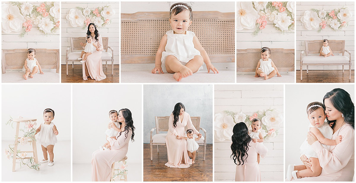 Collage of a baby and woman in soft pink, seated on chairs, holding the baby. Floral decorations in the background.