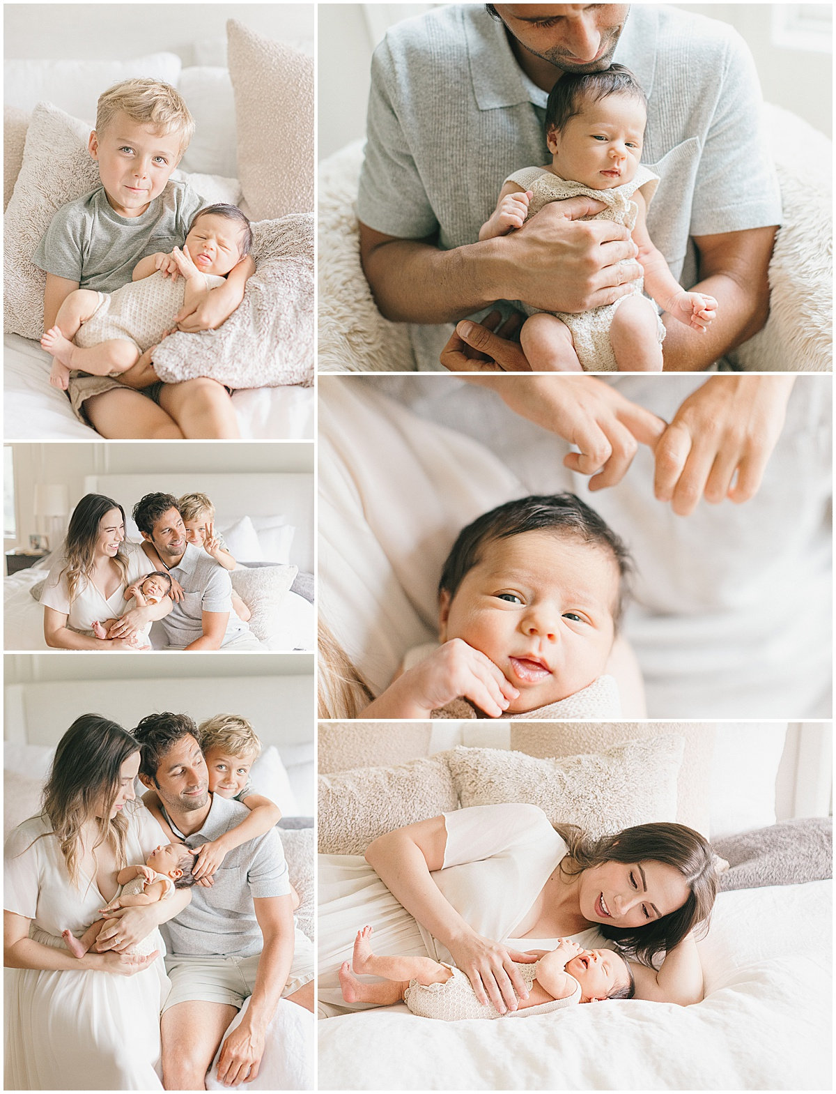 A family collage featuring parents and two young children in soft, cozy settings.